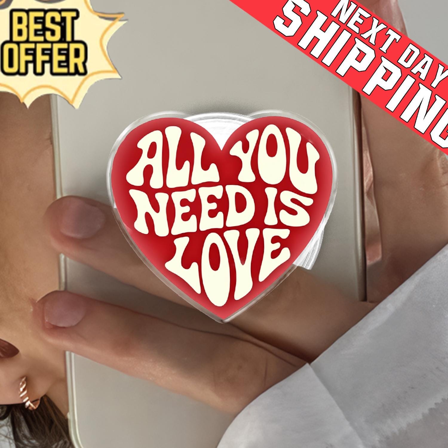 All You Need Is Love Heart Phone Holder, Retro Groovy Valentine Gift, Aesthetic Red Heart Phone Grip, Cute Romantic Stand for Her