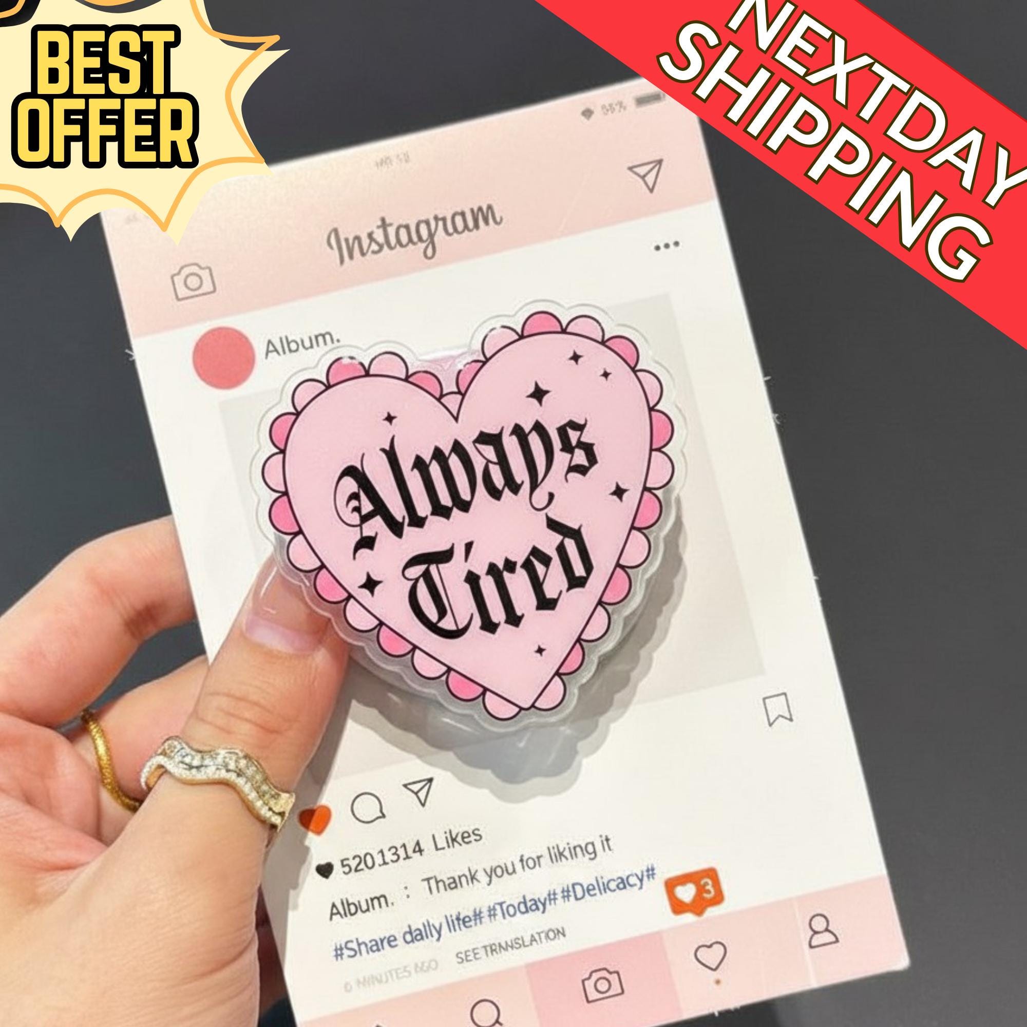 Always Tired Heart Magnetic Phone Grip: Cute Pink Popgrip with Bold Text, Fun Phone Accessory for Tired Souls, Gift for Sleepyheads