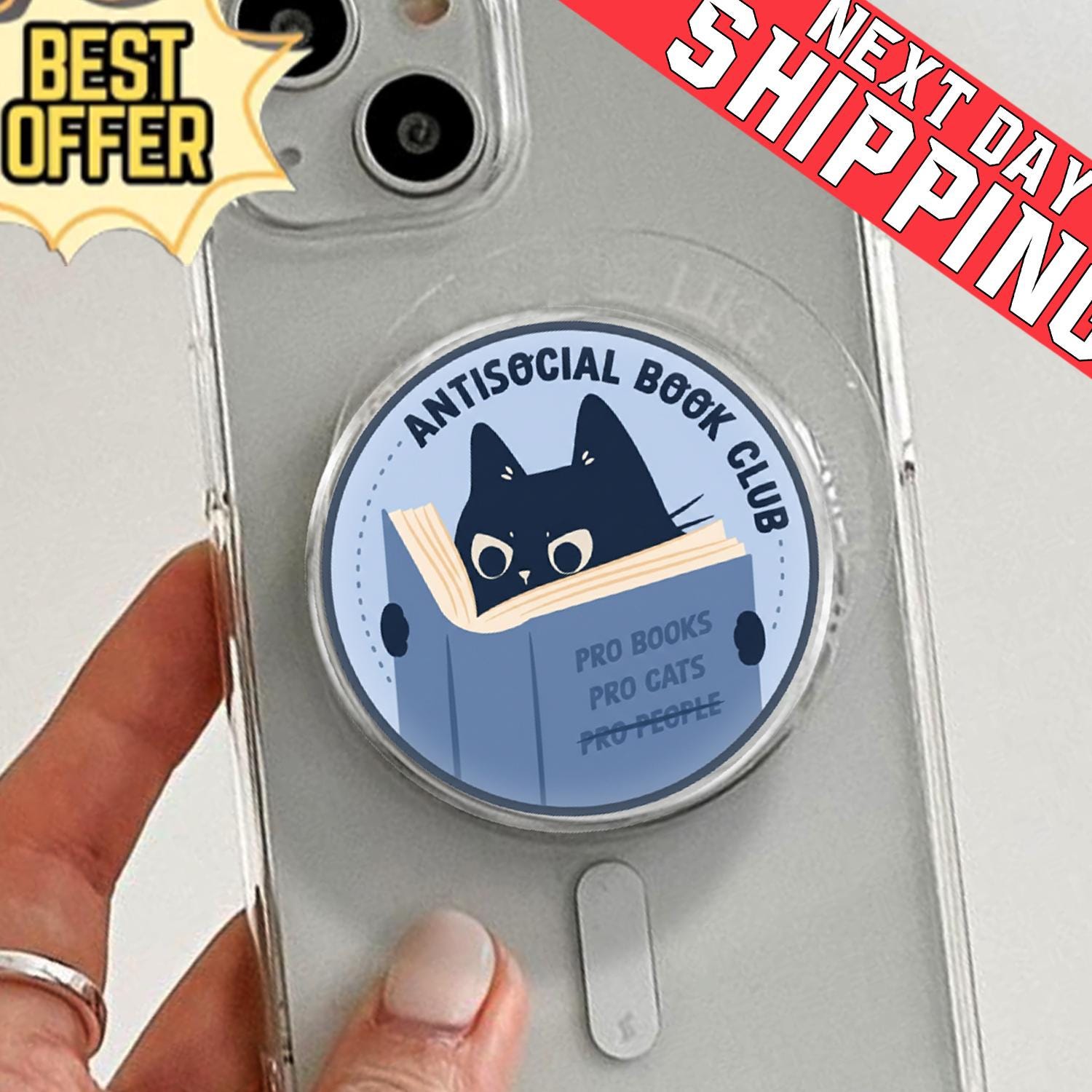 Antisocial Book Club Phone Holder, Aesthetic Black Cat Book Grip, Funny Introvert Reader Stand,Cute Kitten Gift for Her, Kindle Mobile Stand