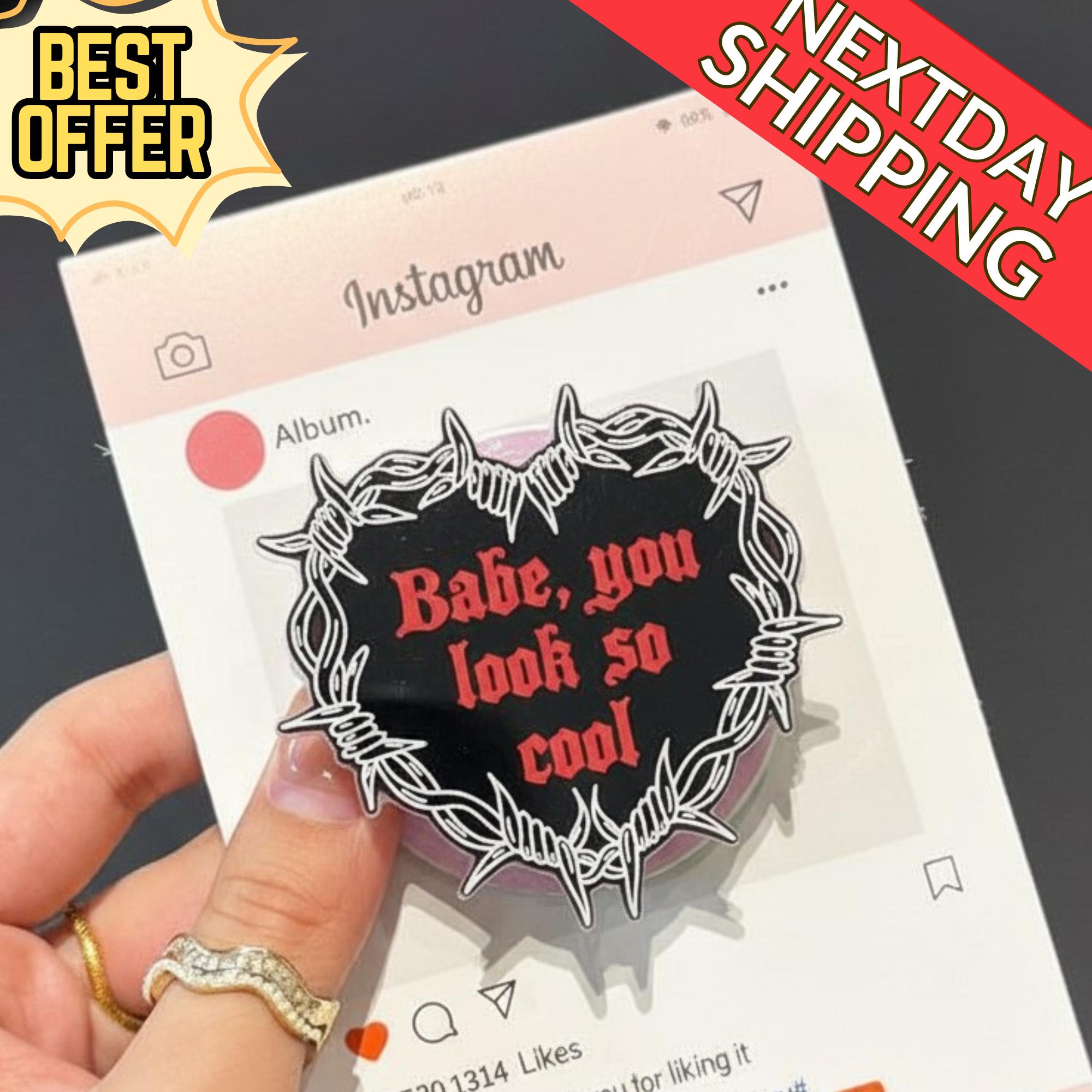 Babe, You Look So Cool Magnetic Phone Grip – Gothic Heart Design, Motivational Quote Phone Holder, Black & Red Aesthetic, Edgy Accessory