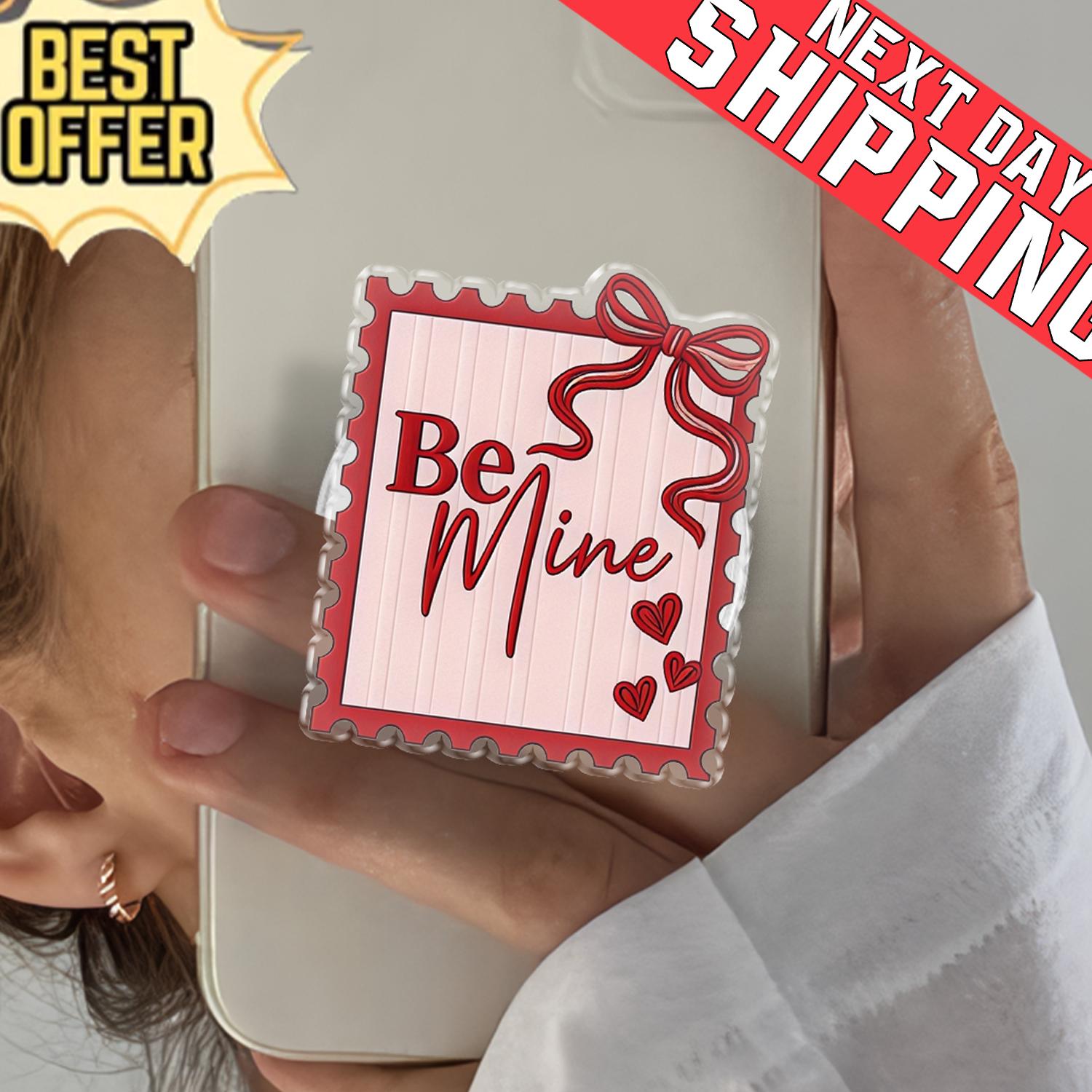 Be Mine Valentine Stamp Phone Grip, Aesthetic Coquette MagSafe Pop Socket, Cute Postage Stamp Heart Gift, Romantic Red Bow Mobile Stand