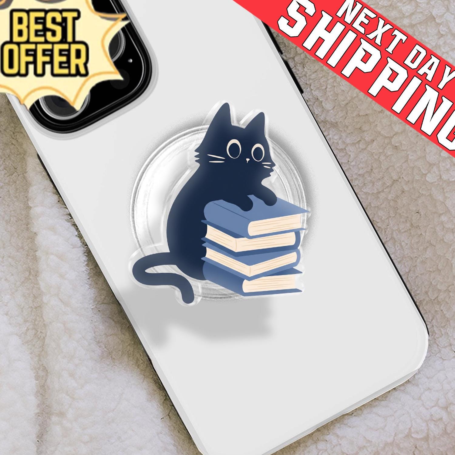 Black Cat on Books Phone Grip, Aesthetic Bibliophile MagSafe Pop Socket, Cute Scholarly Kitty Gift, Literary Dark Academia Mobile Stand