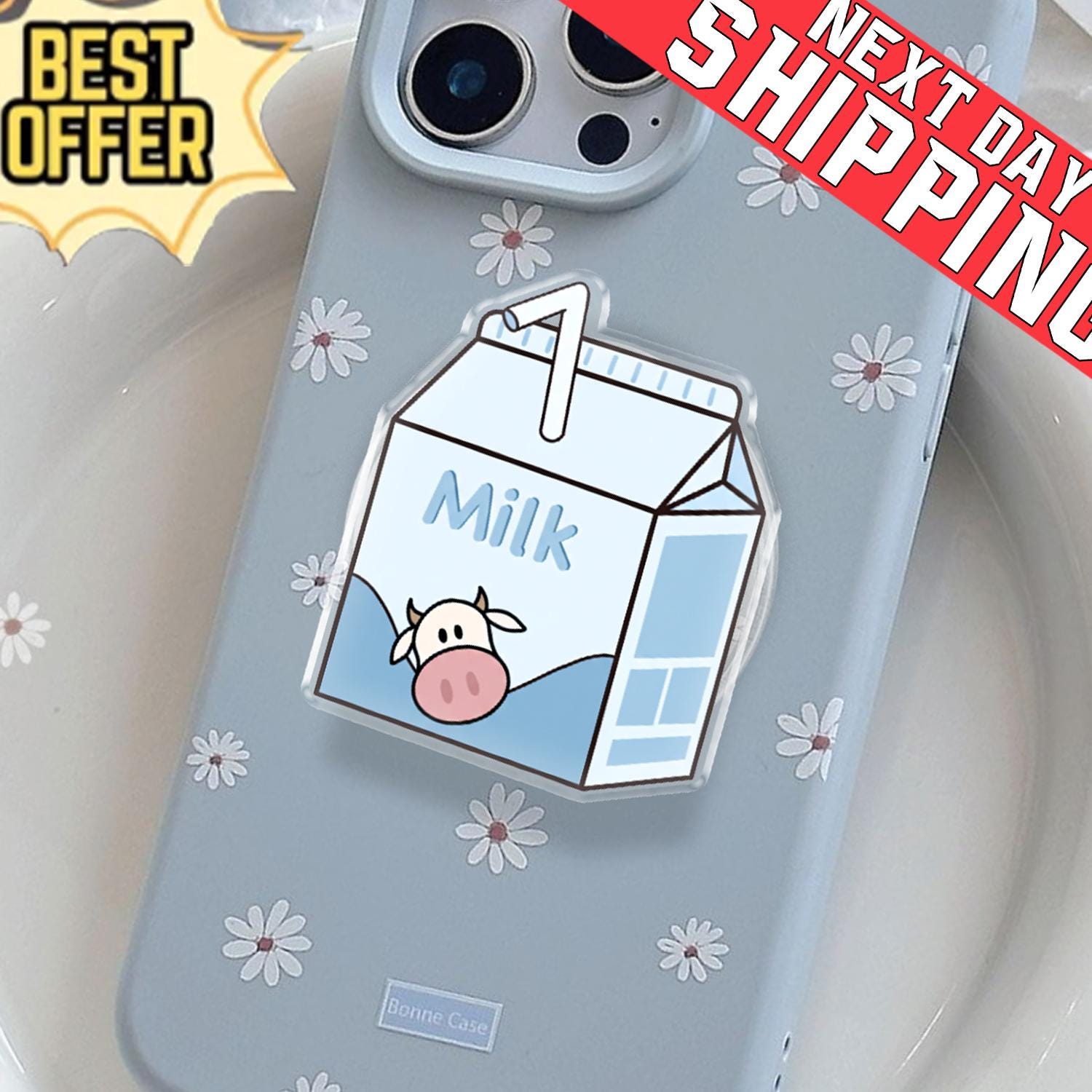 Blue Cow Milk Carton Phone Grip, Aesthetic Kawaii MagSafe Pop Socket, Cute Pastel Blue Milk Gift, Realistic Dairy Carton Mobile Stand
