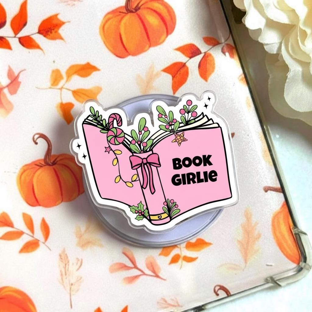 Book Girlie MagSafe Phone Grip, Cute Holiday Magnetic Phone Holder with Candy Cane & Lights, Kawaii Bookish Gift, Grip for Phone or E-reader