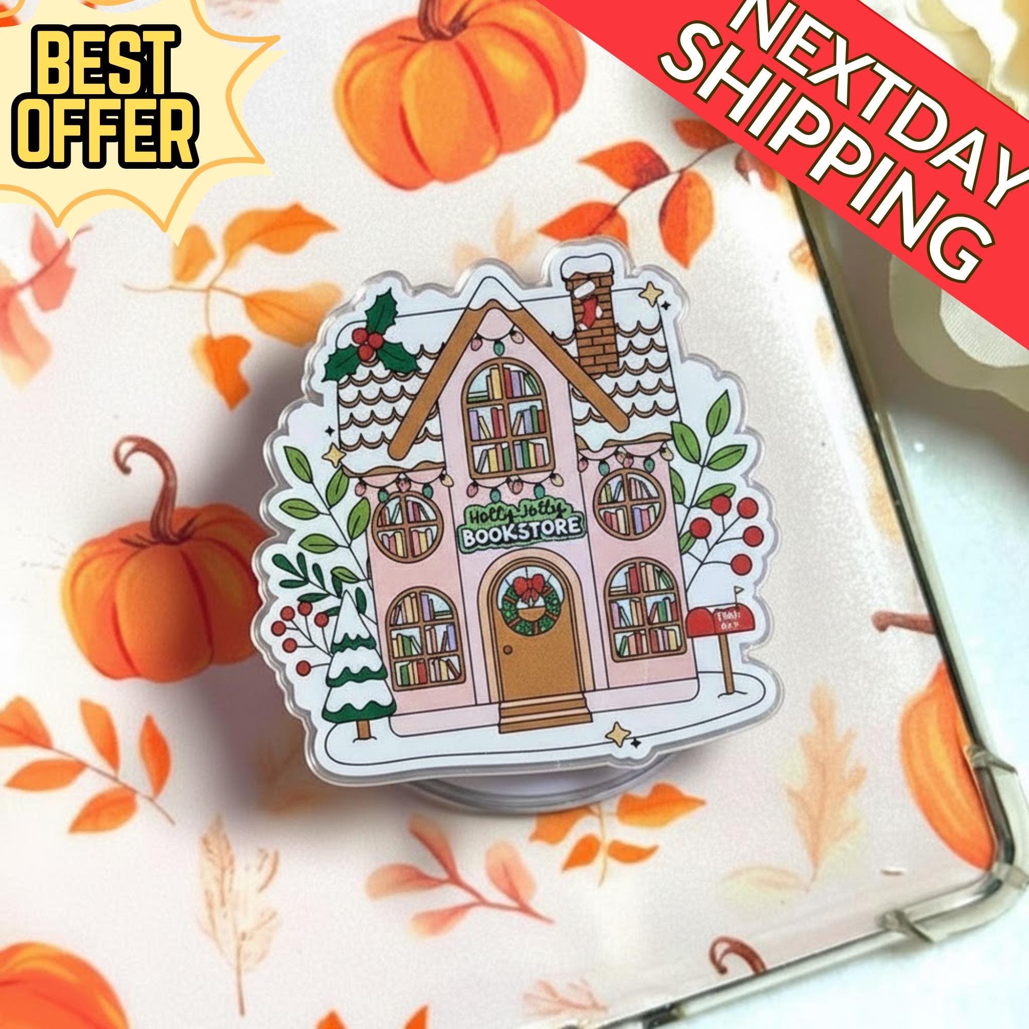 Bookstore Christmas Sticker Magnetic Phone Grip: Cute Holiday Snowy House Design, Festive Magsafe Phone Decor, Perfect Gift for Book Lovers