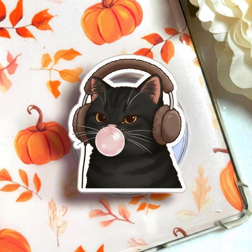 Bubble Cat MagSafe Phone Grip, Kawaii Black Kitty with Headphones Magnetic Phone Holder, Funny Stand for Phones or E-readers