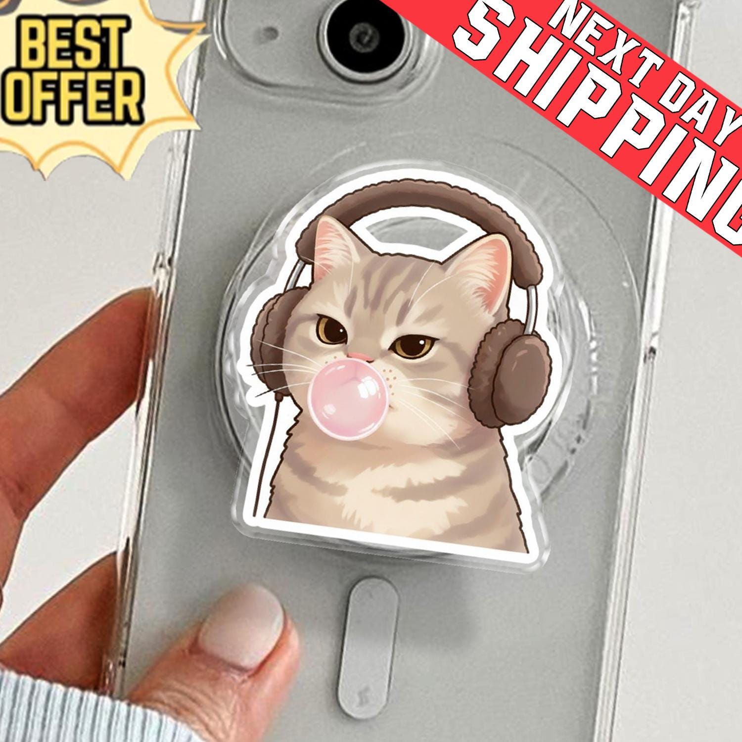 Bubblegum Cat Phone Grip, Aesthetic Kitty MagSafe Pop Socket, Cute Cat with Headphones Gift, Whimsical Black or White Cat Mobile Stand
