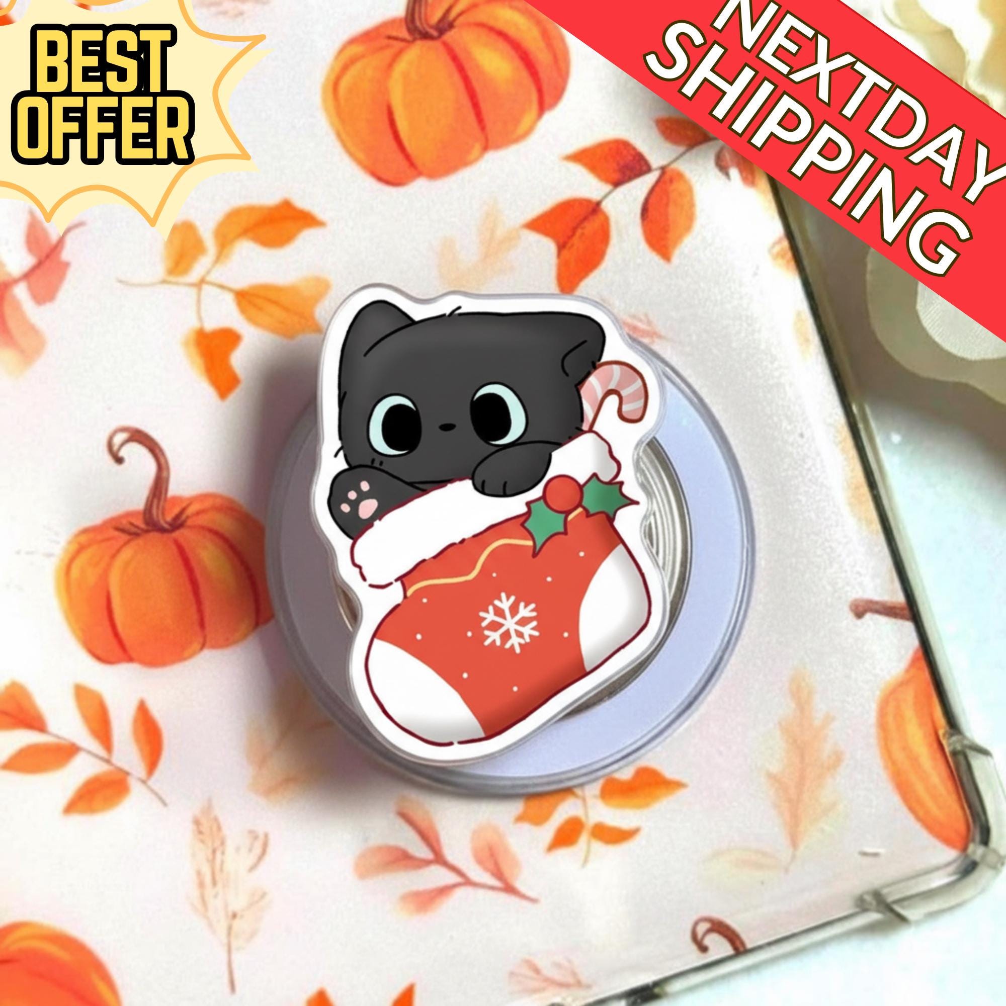 Cat in Christmas Stocking Magnetic Phone Grip: Cute Cat MagSafe Phone Holder, Holiday Phone Grip, Xmas Pet Lover Gift, Cozy Phone Accessory