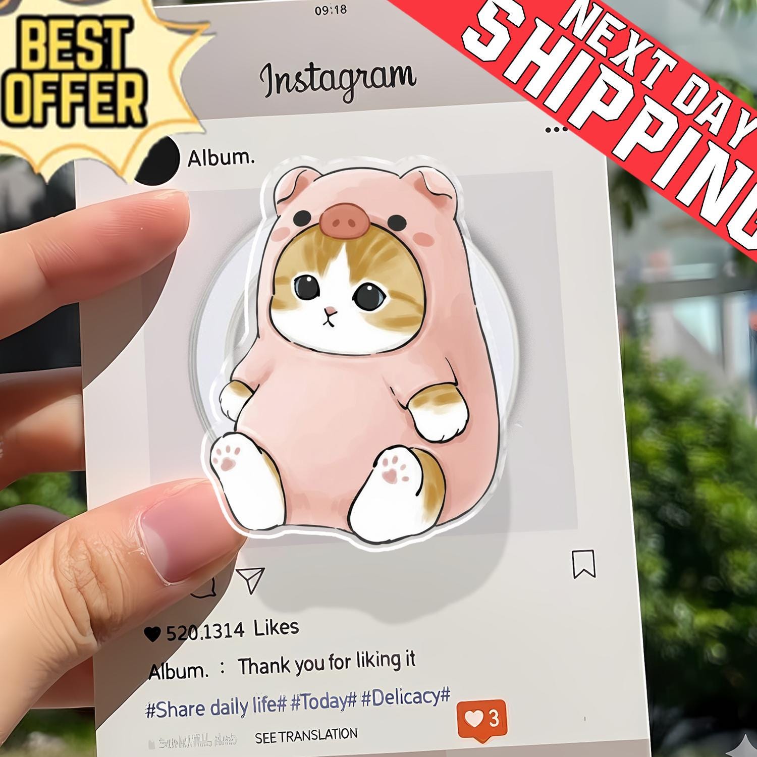 Cat in Pig Onesie Phone Grip, Aesthetic Kawaii MagSafe Pop Socket, Cute Kitten Animal Costume Gift, Whimsical Calico Mobile Stand