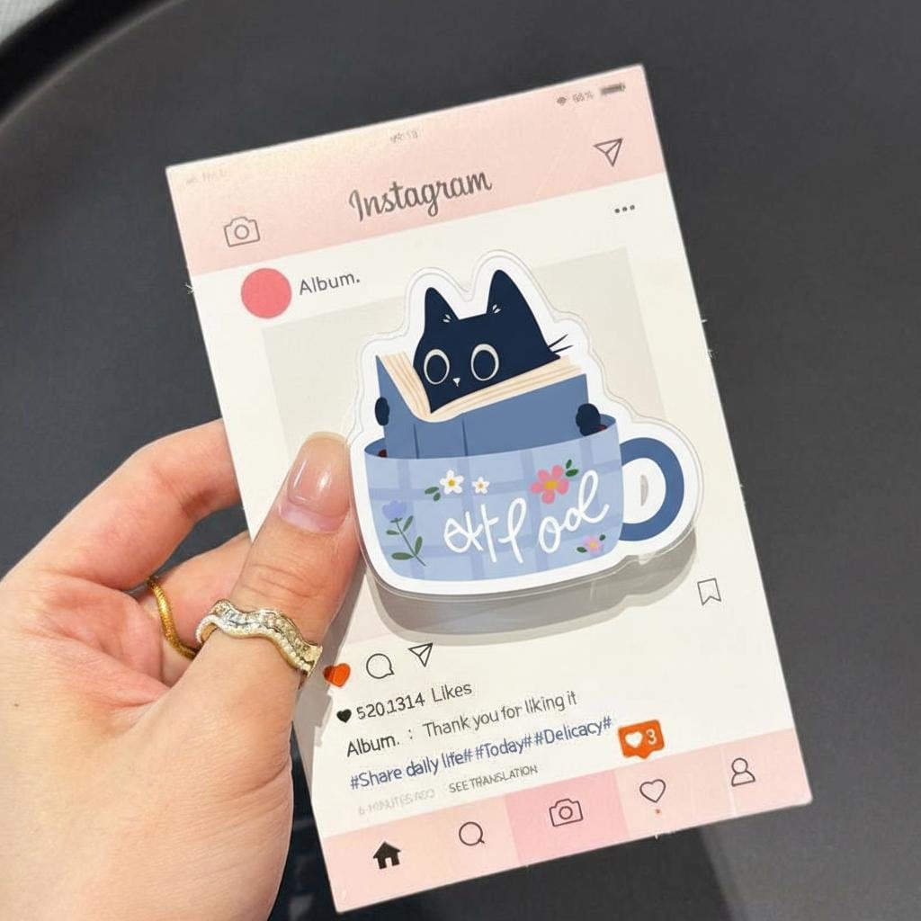 Cat in Teacup MagSafe Phone Grip, Kawaii Black Kitty Reading Magnetic Phone Holder, Reading Cat Accessory for Phone or E-readers