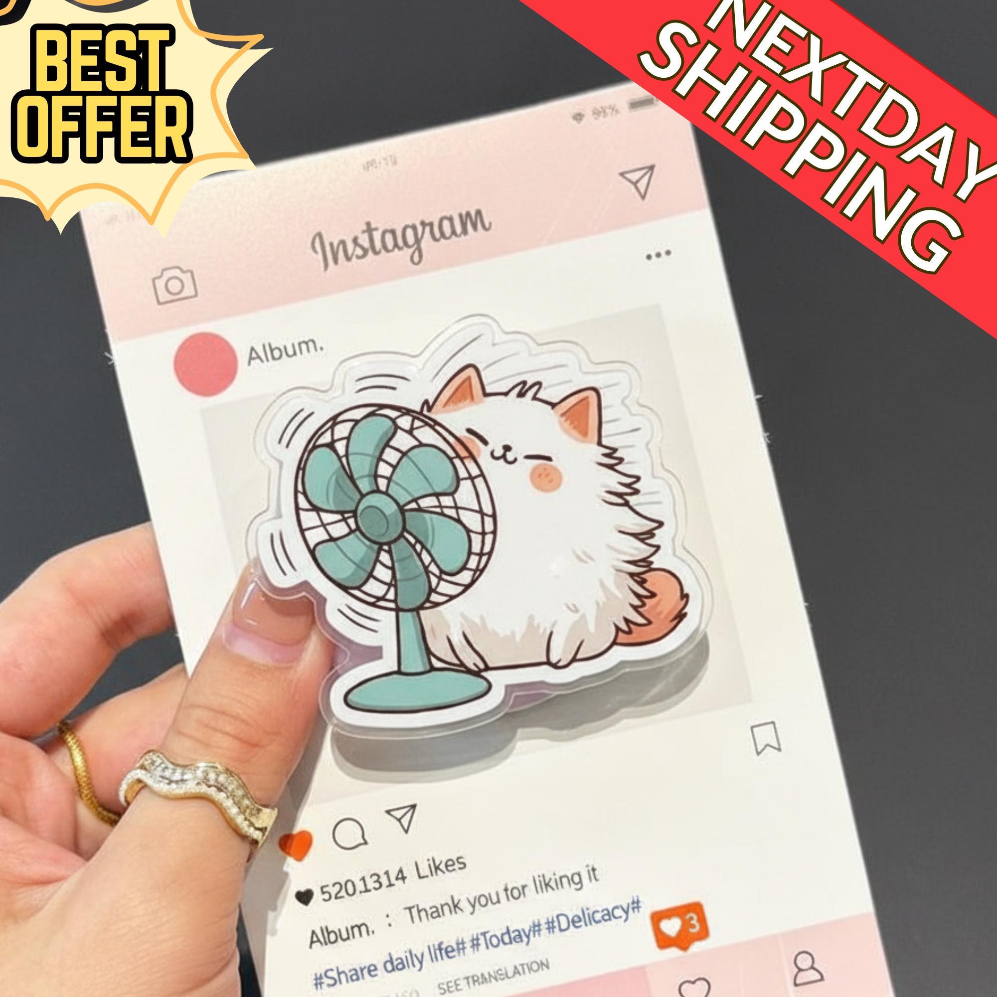 Cat with Fan Magnetic Phone Grip: Cute Cat MagSafe Phone Stand, Funny Phone Accessory, Animal Lover Gift, Cozy Phone Grip for Pet Enthusiast