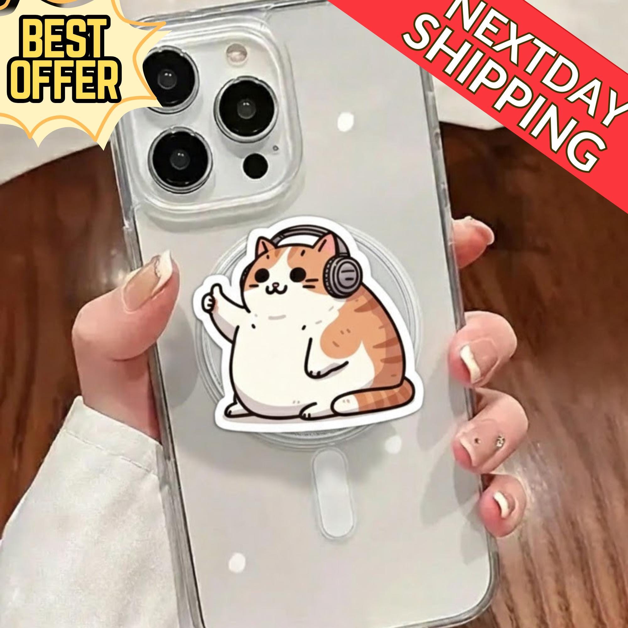 Cat with Headphones Magnetic Phone Grip: Cute Cat MagSafe Phone Stand, Funny Phone Accessory, Cat Lover Gift, Cozy Grip for Animal Lover