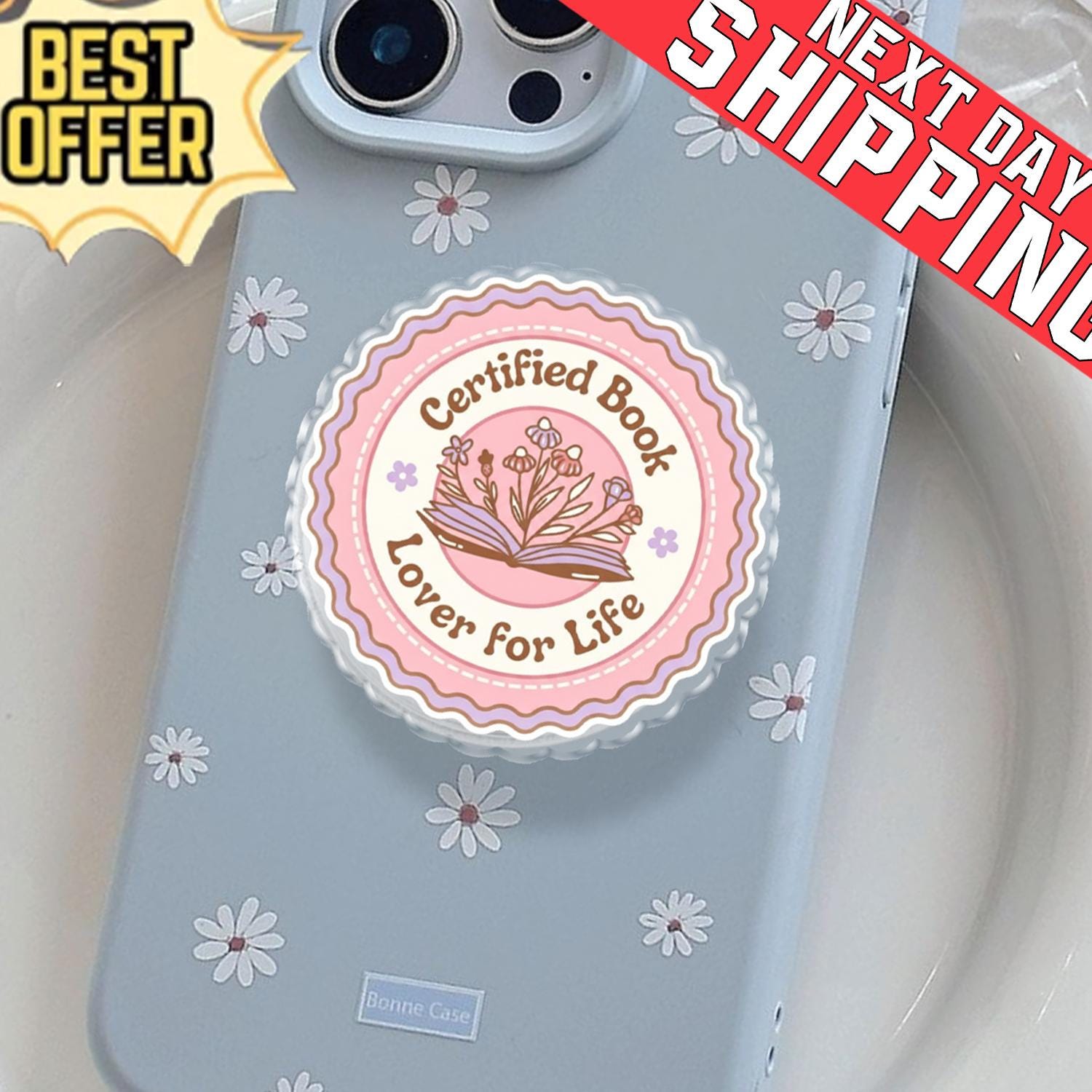 Certified Book Lover Phone Holder, Aesthetic Pink Floral Bookish Grip, Cute Reading Gift for Readers, Pastel Book Club MagSafe Stand Gear