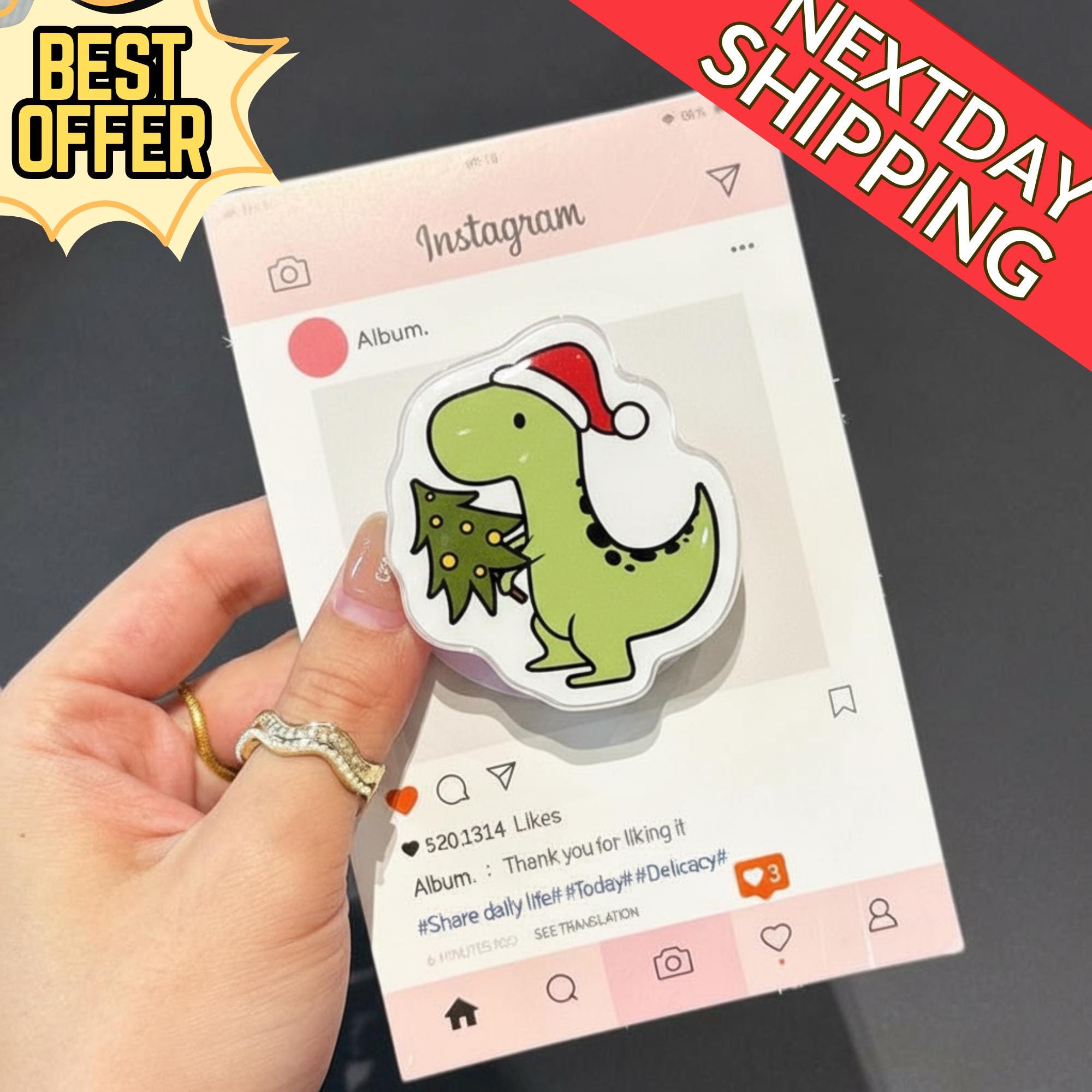Christmas Dino Magnetic Phone Grip: Cute Green Dinosaur MagSafe Grip, Holiday Cartoon Magnetic Phone Stand, Gift for Kids & Dino Lovers