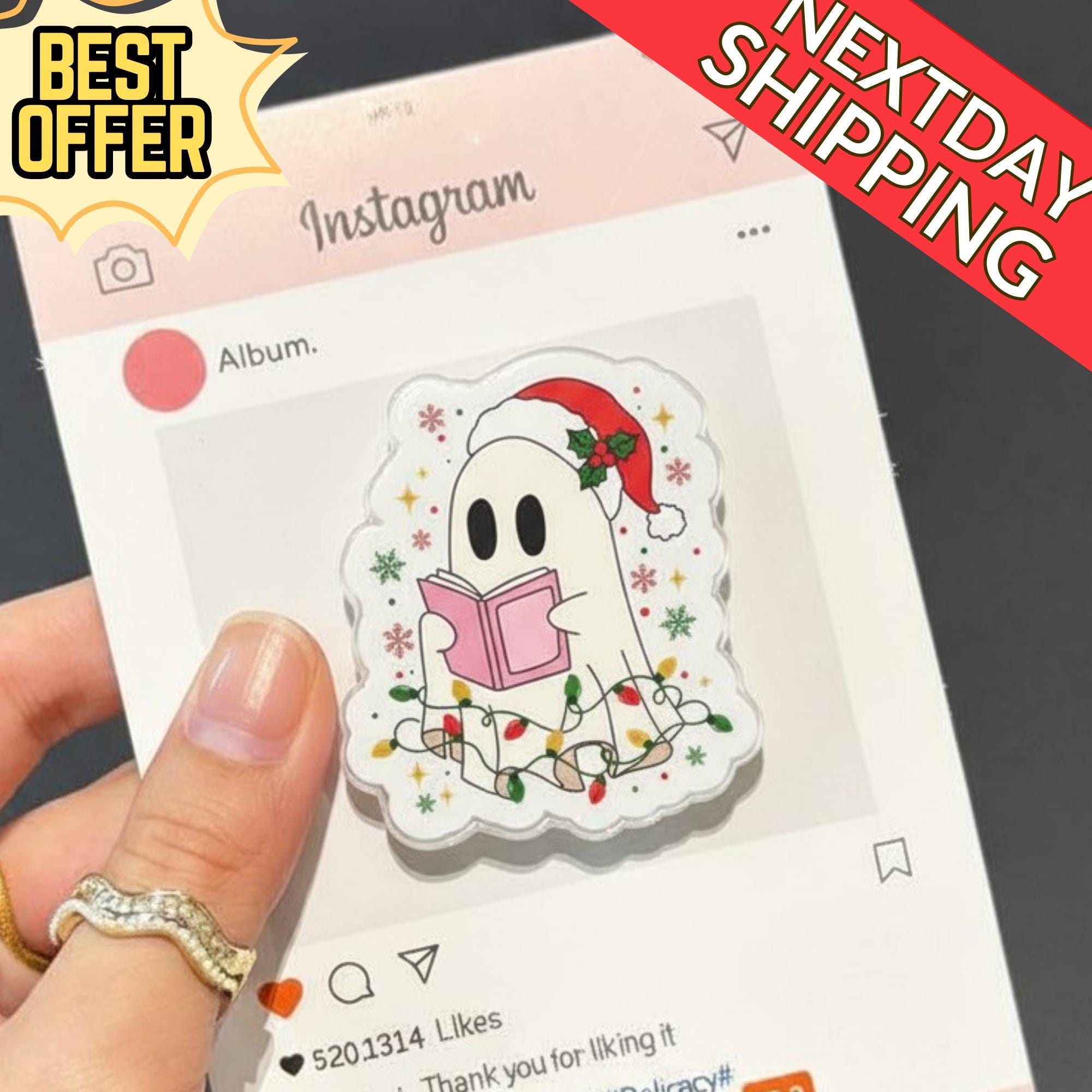Christmas Ghost Magnetic Phone Grip: Cute Holiday Kindle Stand with Santa Hat & Book, Festive Phone Holder for Christmas Lovers