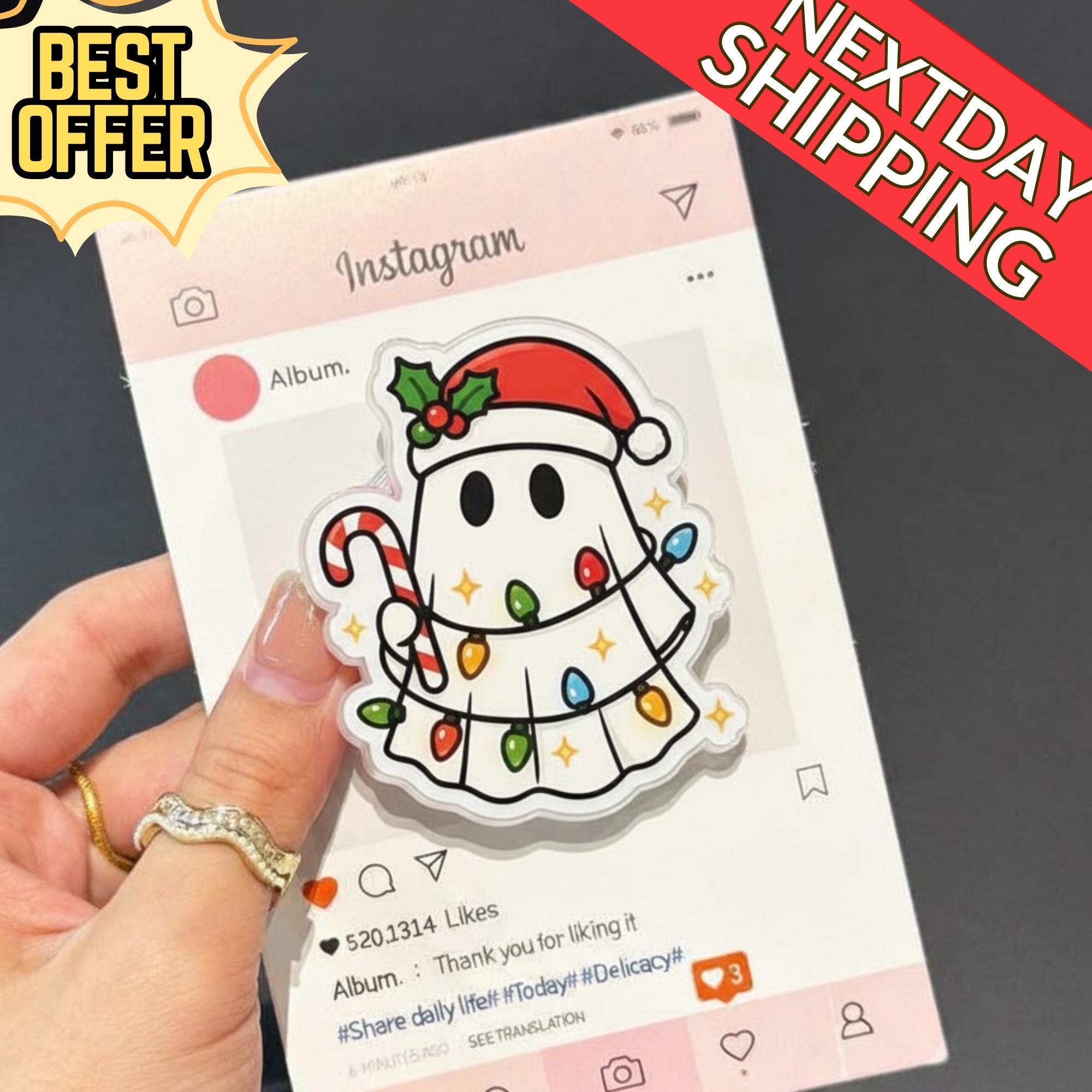 Christmas Ghost Magnetic Phone Grip: Cute Holiday Phone Stand with Santa Hat & Christmas Lights, Magsafe Phone Holder, Gift for Xmas Lovers