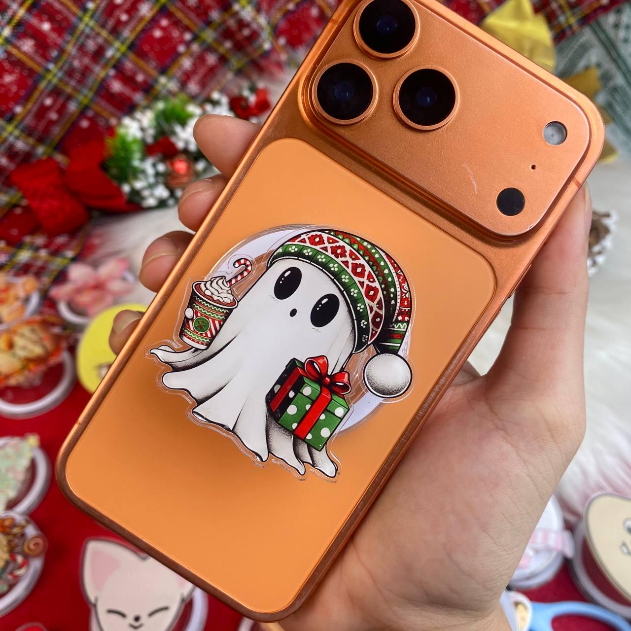 Christmas Ghost Phone Grip, Cute Holiday Phone Stand, Ghost with Gifts, Kawaii Phone Holder, xmas Phone Accessories, Holiday Gift Phone Grip