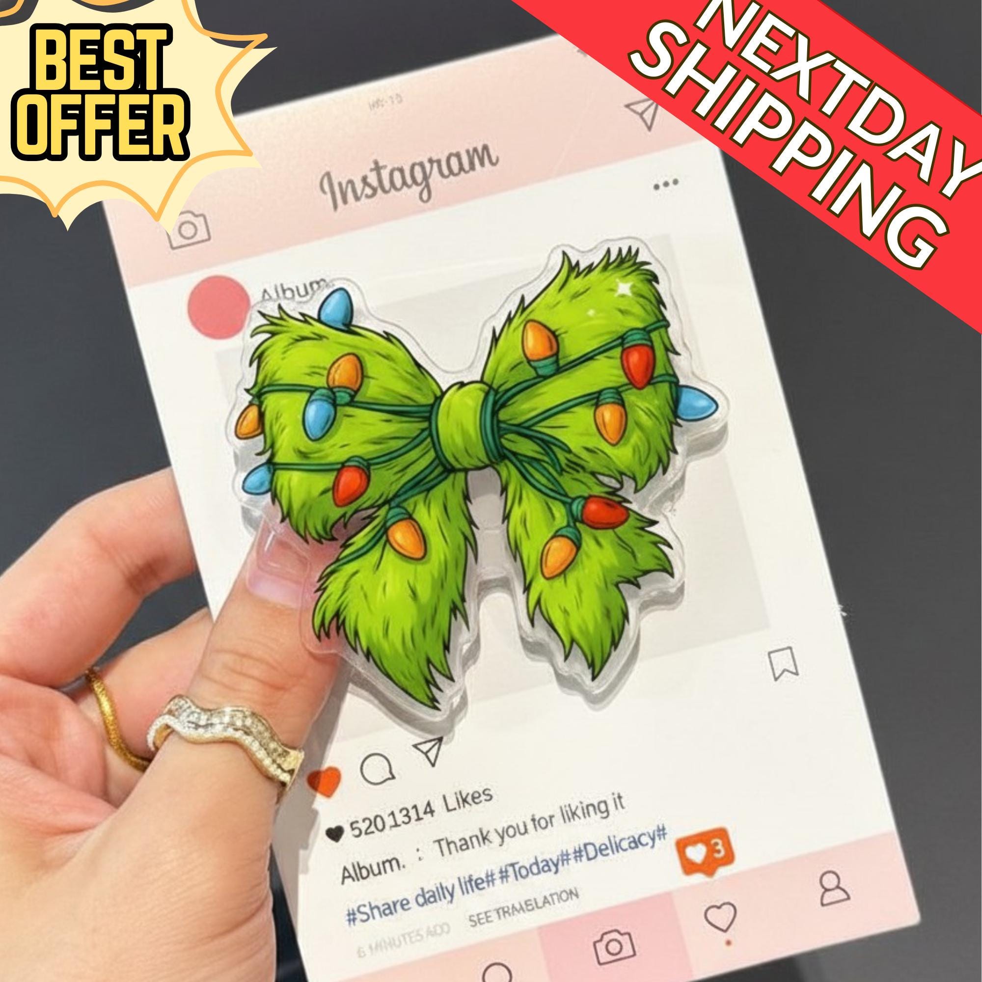 Christmas Lights Bow Magnetic Phone Grip: Cute Holiday Popgrip with Green Bow & Christmas Lights, Magsafe Winter Phone Holder