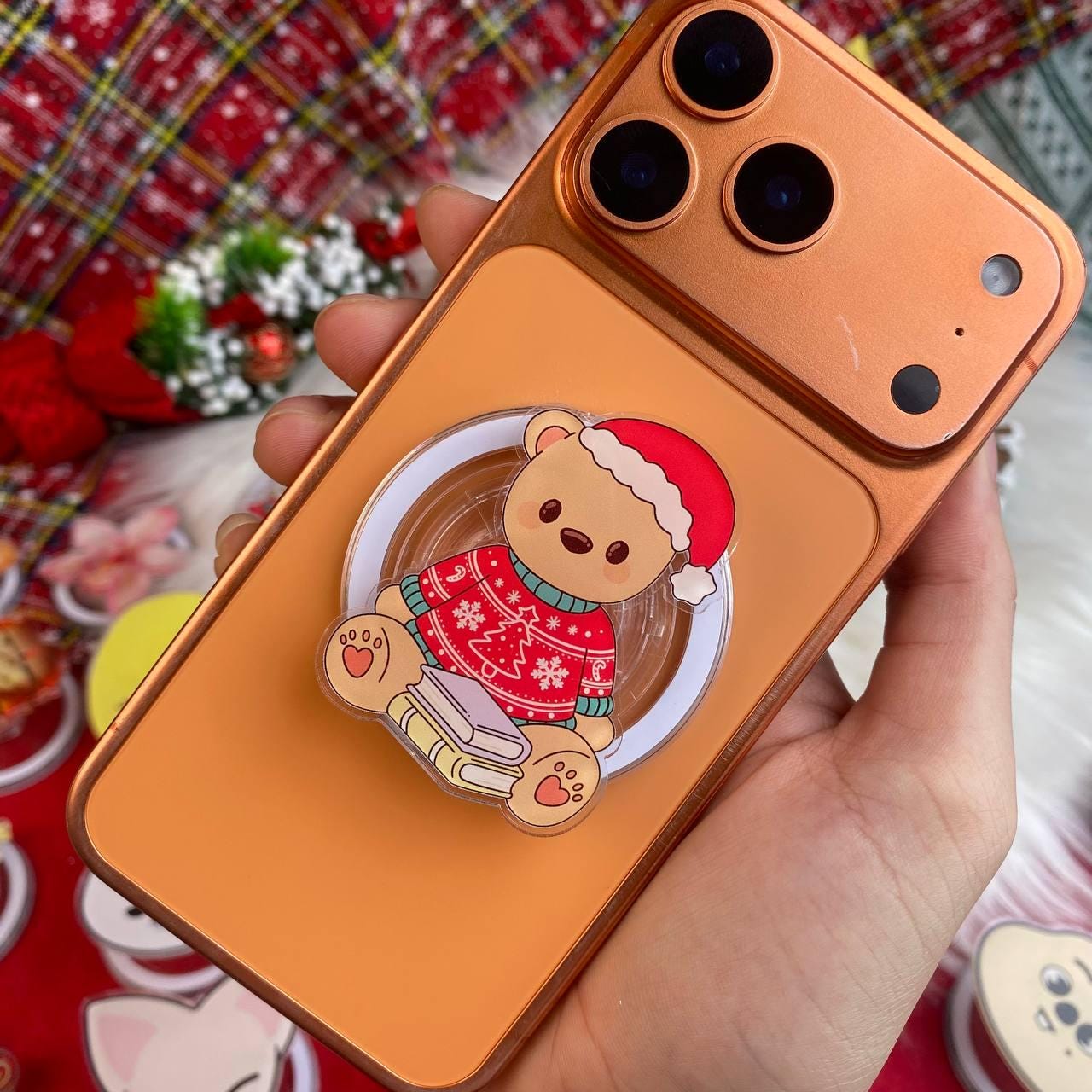 Christmas Teddy Bear Phone Grip, Kawaii Holiday Phone Stand
