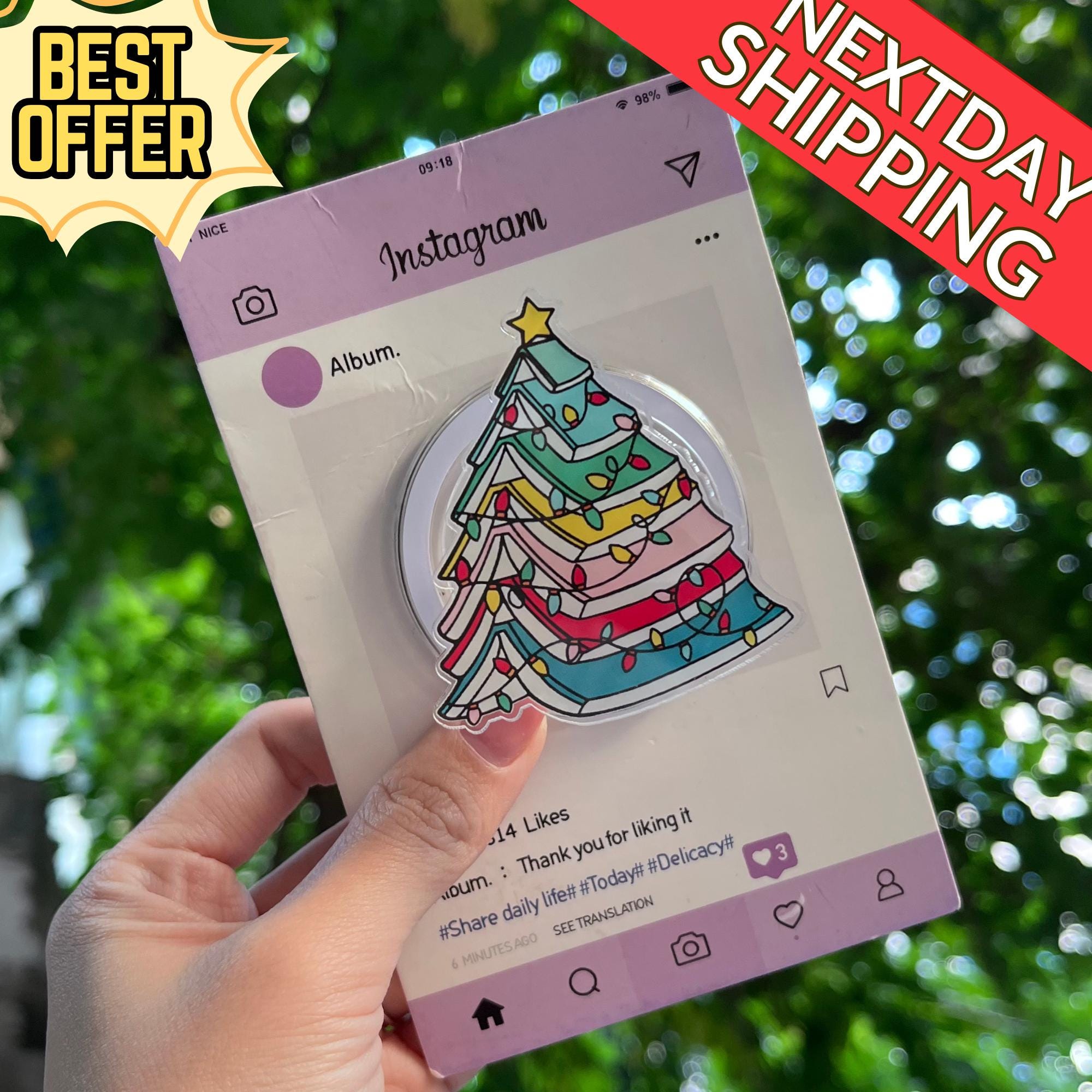 Christmas Tree Magnetic Phone Stand: Colorful Holiday Tree Phone Grip, Cute Christmas Lights Magsafe Holder, Perfect Gift for Christmas