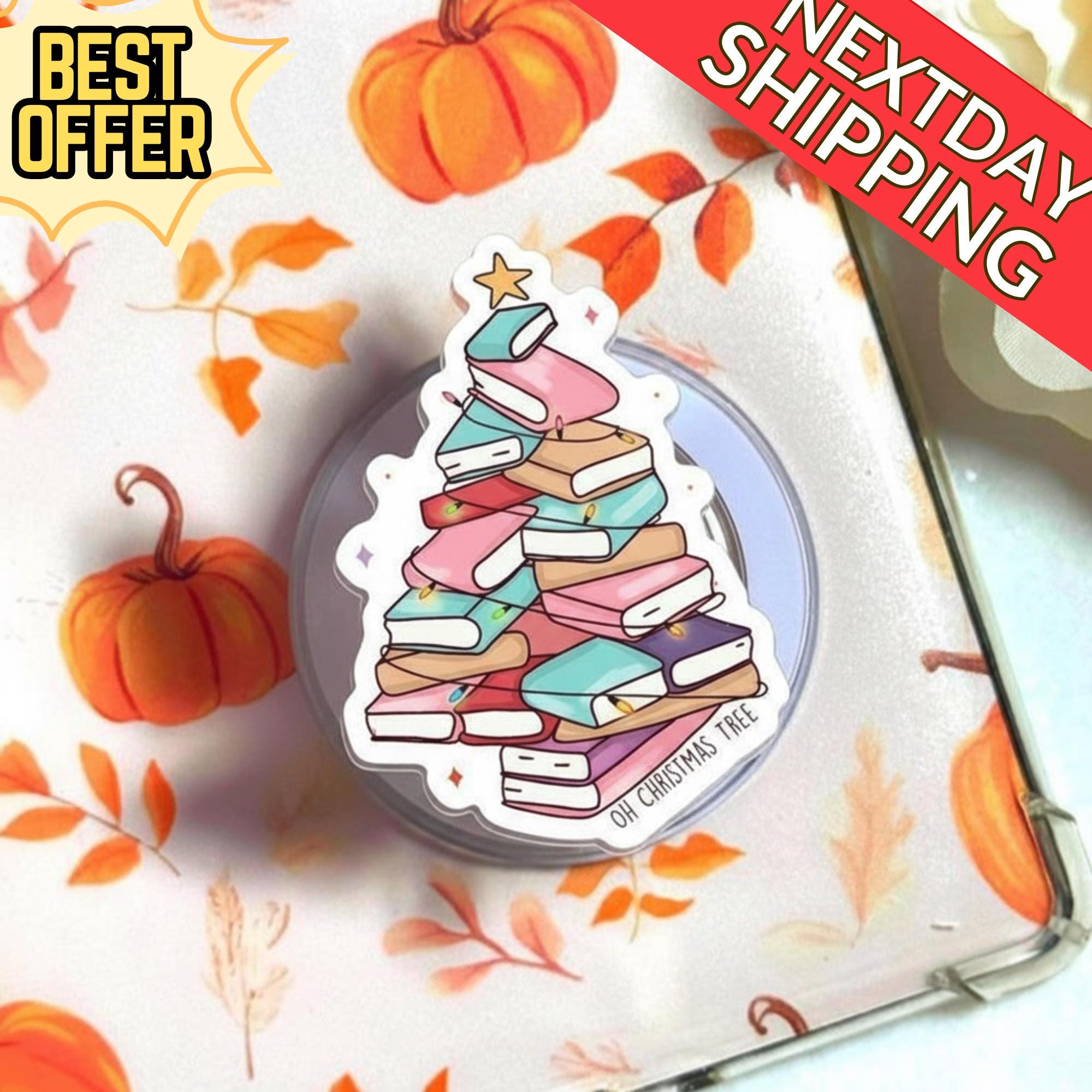 Christmas Tree Stack of Books Magnetic Phone Grip: Cute Book Tree MagSafe Kindle Stand, Holiday Phone Holder, Gift for Book Lovers