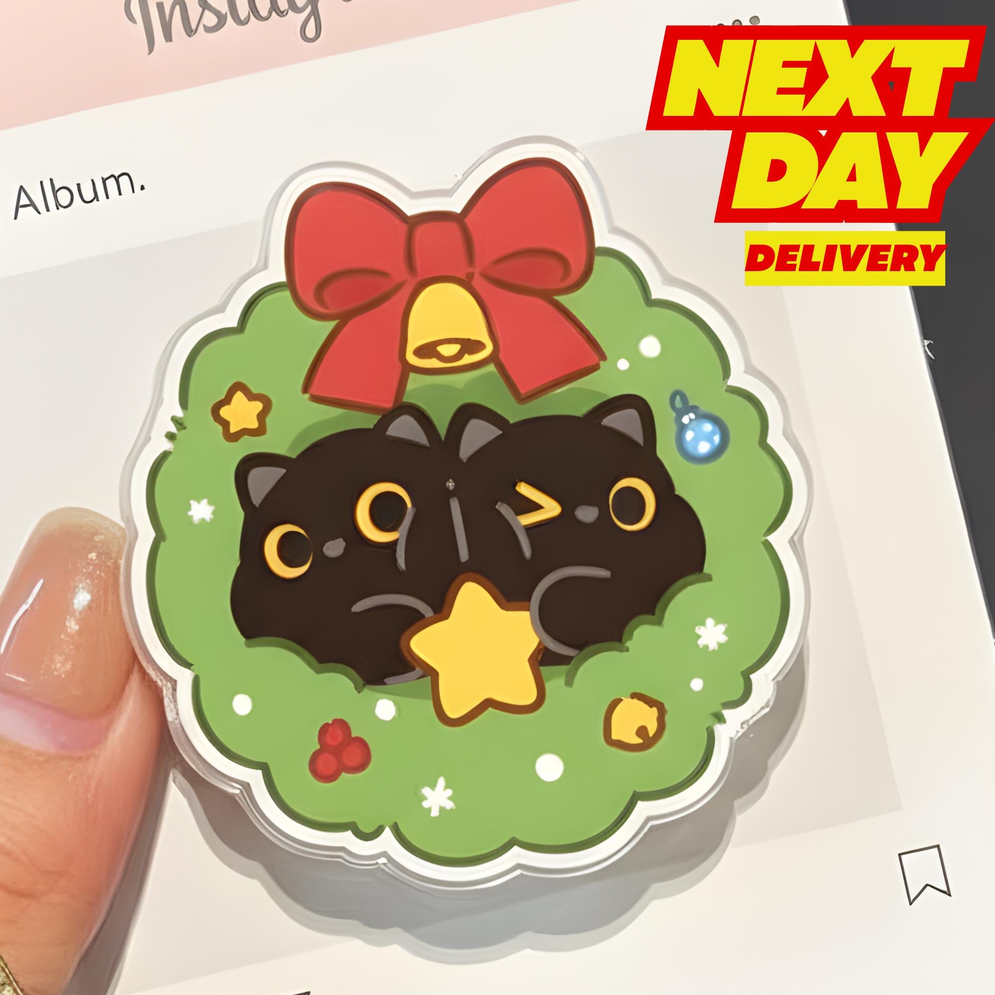 Christmas Wreath Cat MagSafe Phone Grip: Kawaii Holiday Magnetic Grip, Cute Black Cat Phone Holder, Festive Gift for Teens & Cat Lovers