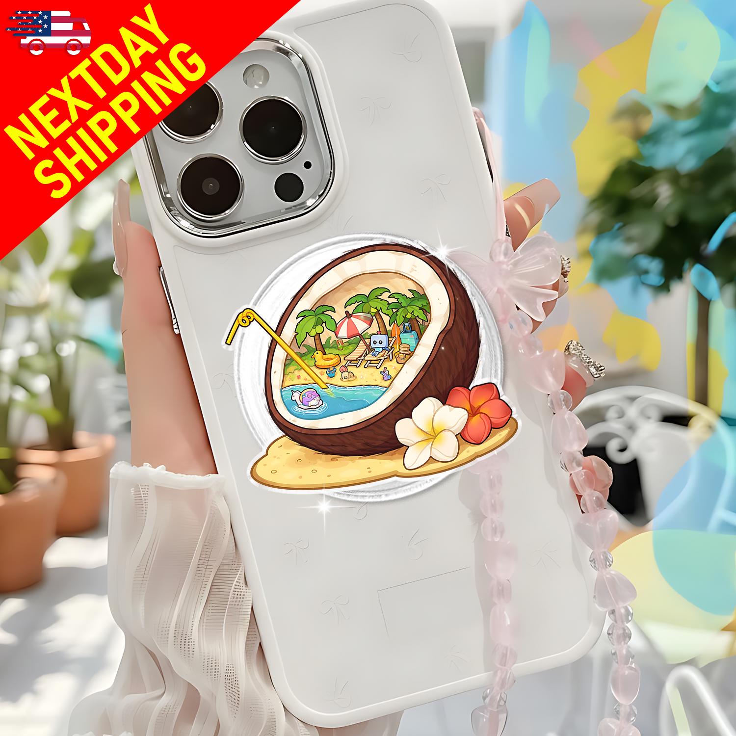 Coconut Beach Magnetic Phone Grip, Summer Tropical Phone Holder, Cute Beach Aesthetic Phone Stand, Vacation Vibe Phone Accessory