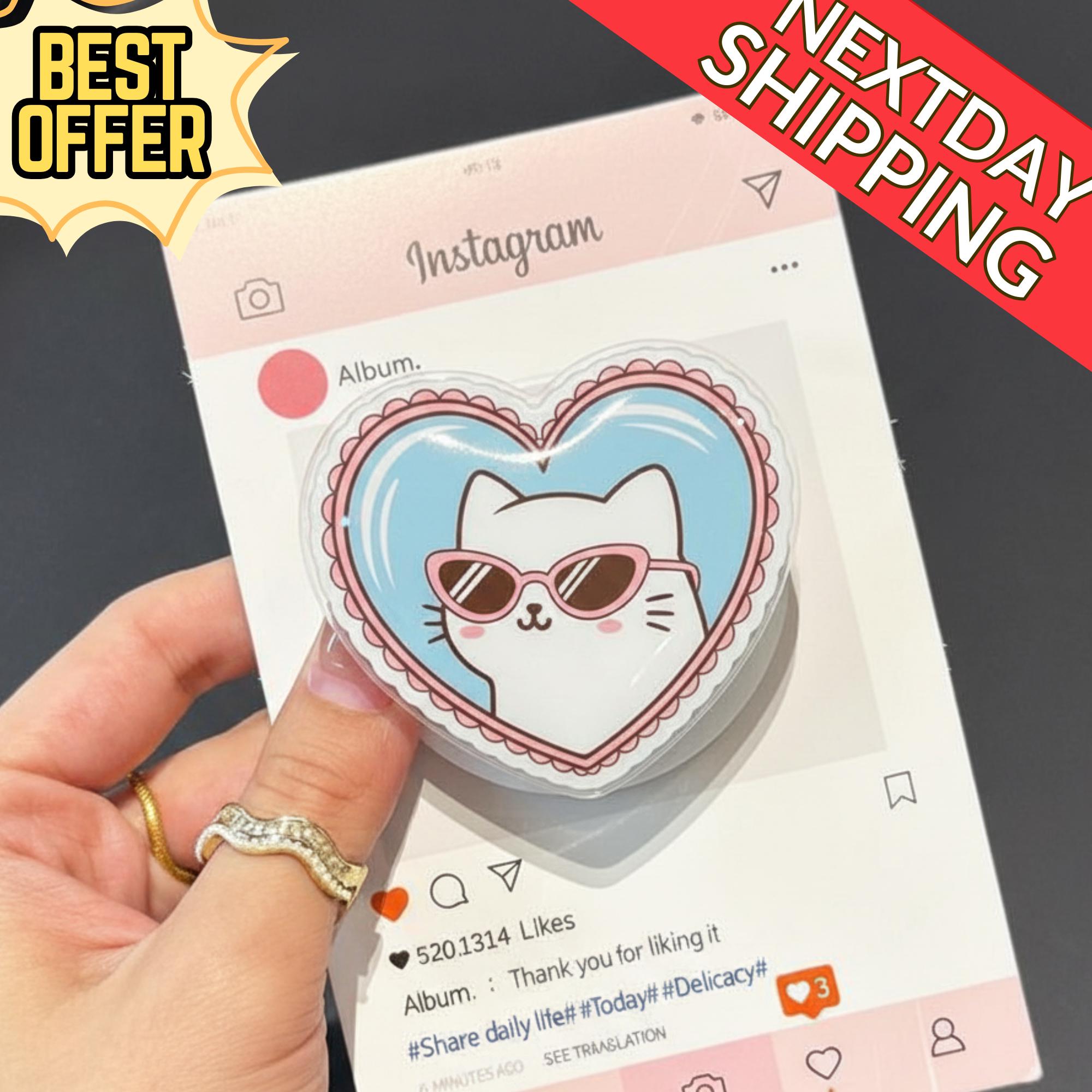 Cool Cat Magnetic Phone Grip – Kawaii Cat with Sunglasses Magsafe Phone Stand, Cute Heart-Shaped Phone Holder, Fun Kitty Gift for Cat Lovers