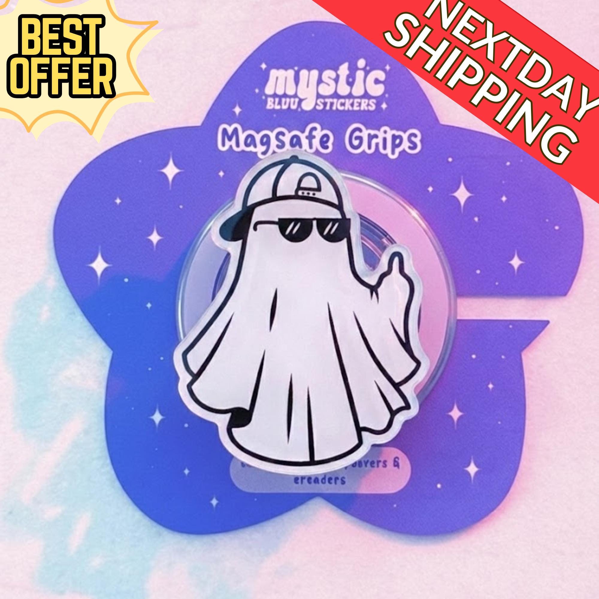 Cool Ghost with Hat Magnetic Phone Grip – Kawaii Ghost Magsafe Phone Stand, Funny & Trendy Phone Accessory, Gift for Her
