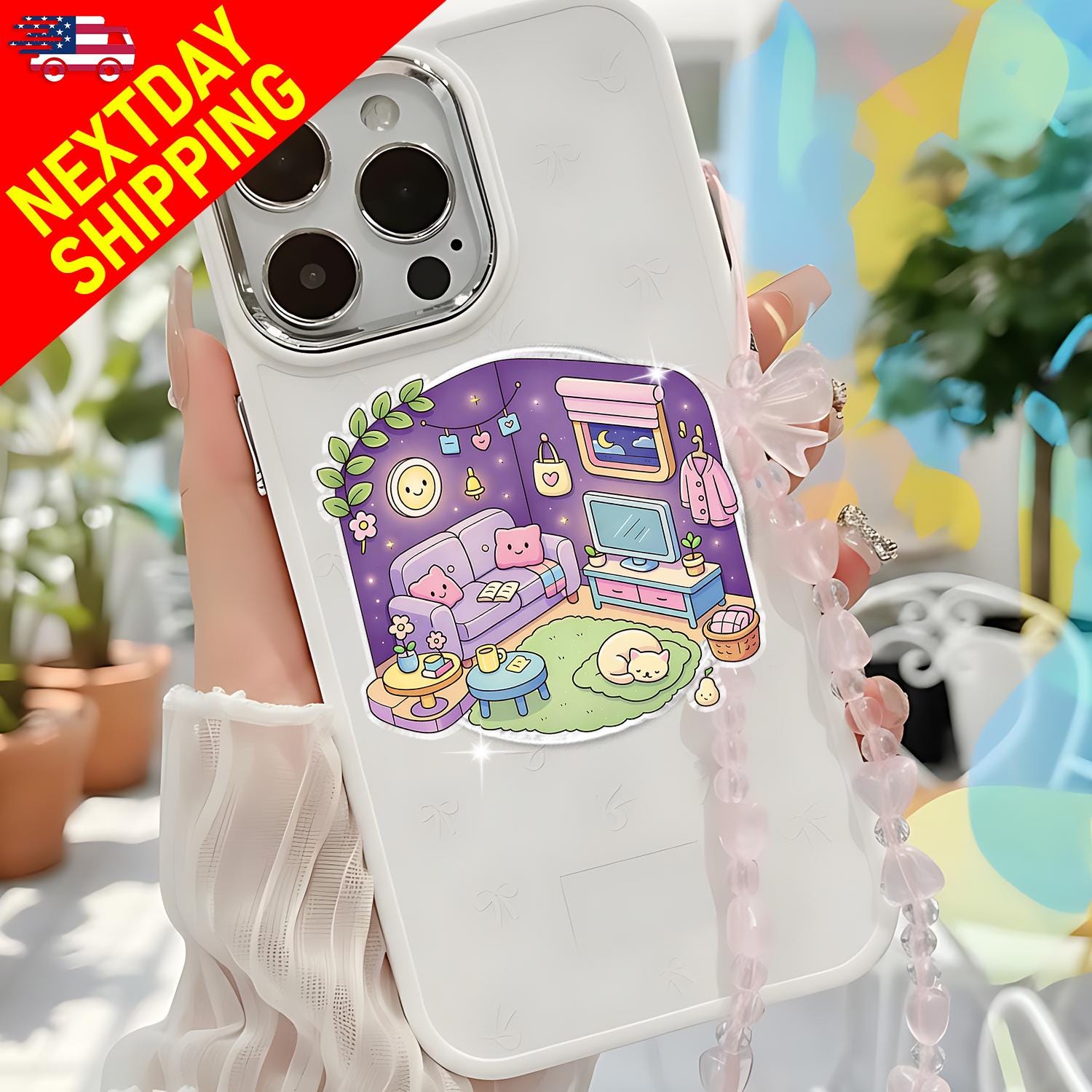 Cozy Cat Room Phone Grip, Kawaii Bedroom Aesthetic Phone Holder, Cute Pastel Cat Phone Stand, Cartoon PhoneGrip Gift - Cute Gift For Friends