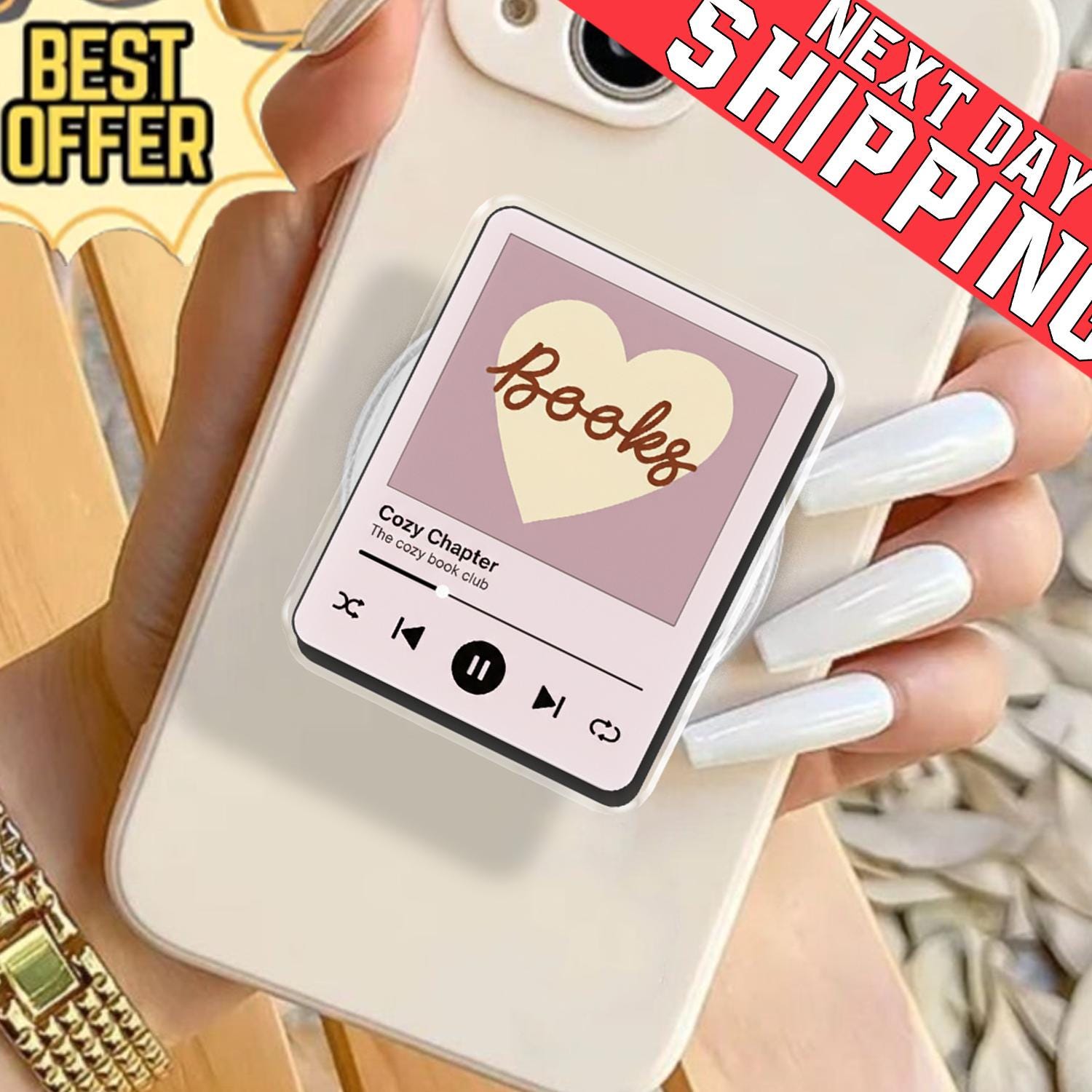 Cozy Chapter Book Lover Phone Grip, Aesthetic Music Player MagSafe, Cute Bibliophile Reader Gift, Pink Books Heart Mobile Stand