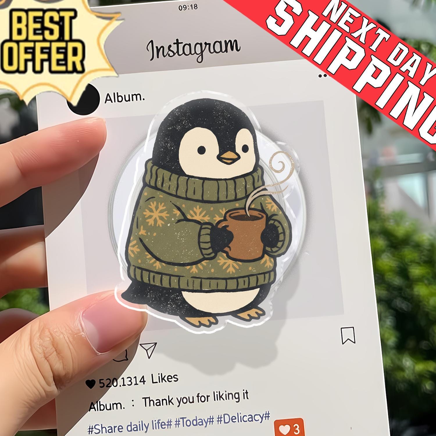Cozy Penguin Sweater Phone Grip, Aesthetic Winter MagSafe Pop Socket, Cute Holiday Bird Gift, Whimsical Penguin Mobile Stand