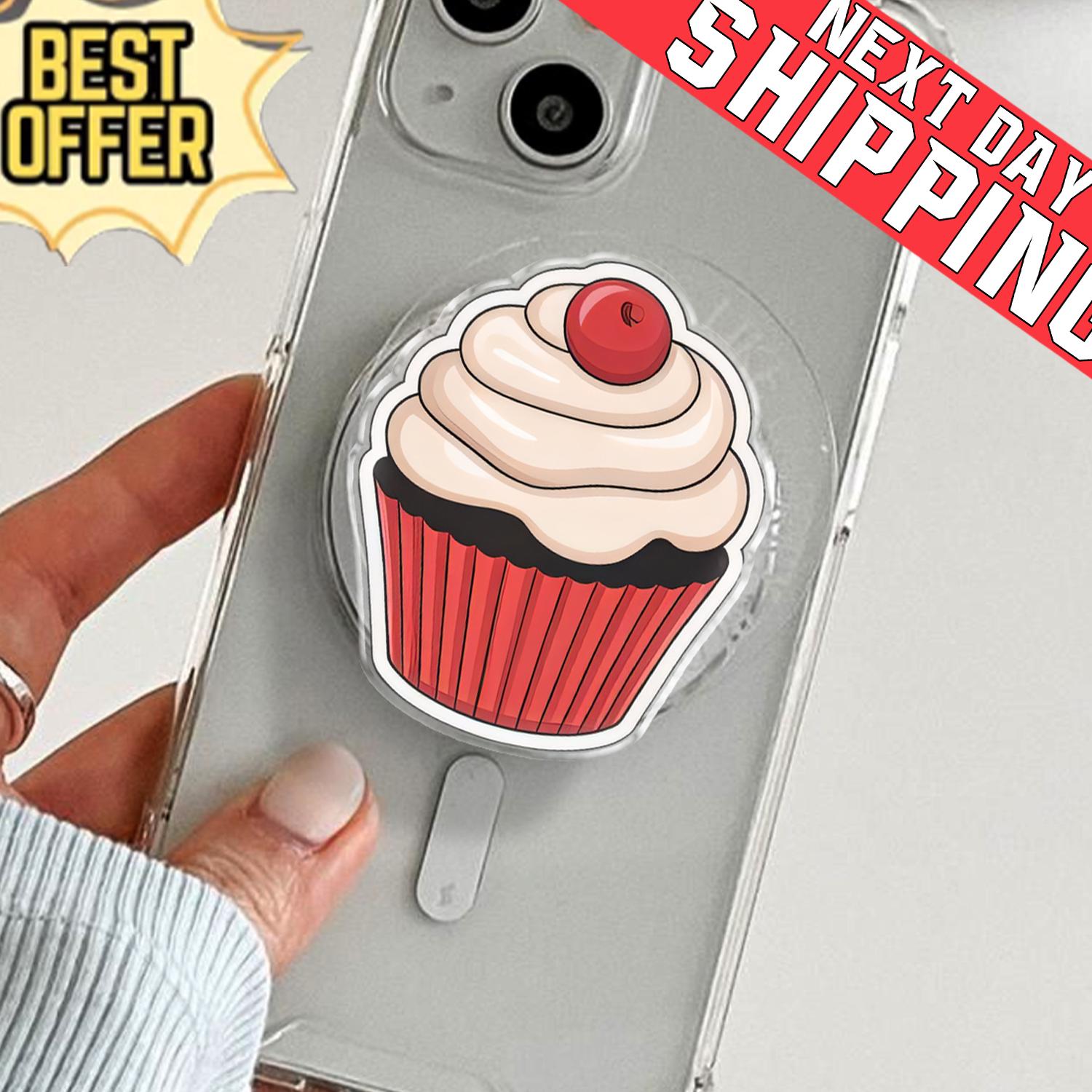 Cupcake Phone Grip, Aesthetic Dessert MagSafe Pop Socket, Cute Bakery Lover Gift, Realistic Cherry Topped Cake Mobile Stand