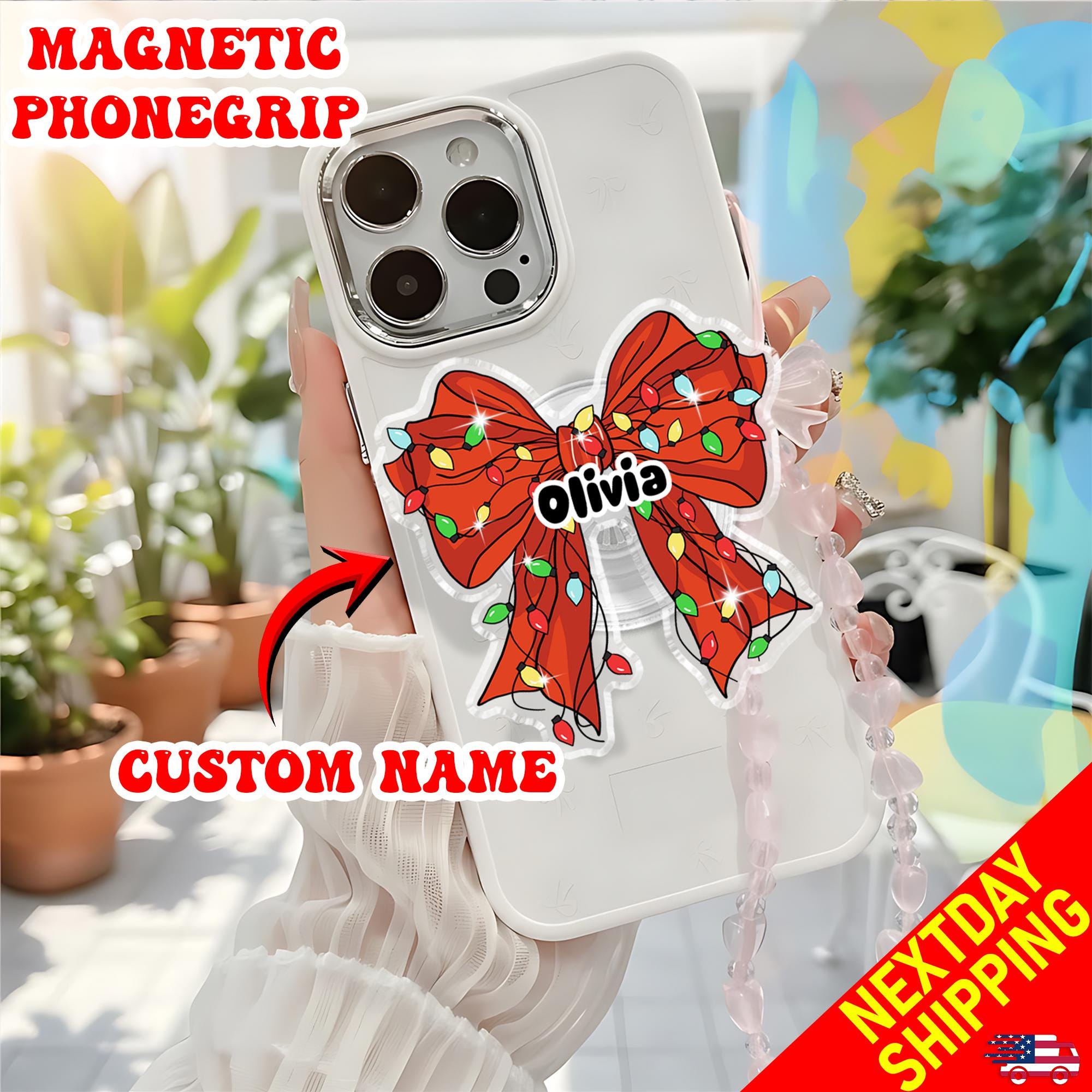 Custom Name Magnetic Phone Grip, Personalized Christmas Bow Phone Stand, Cute Holiday Phone Grip, Name Phone Holder Gift for Girls
