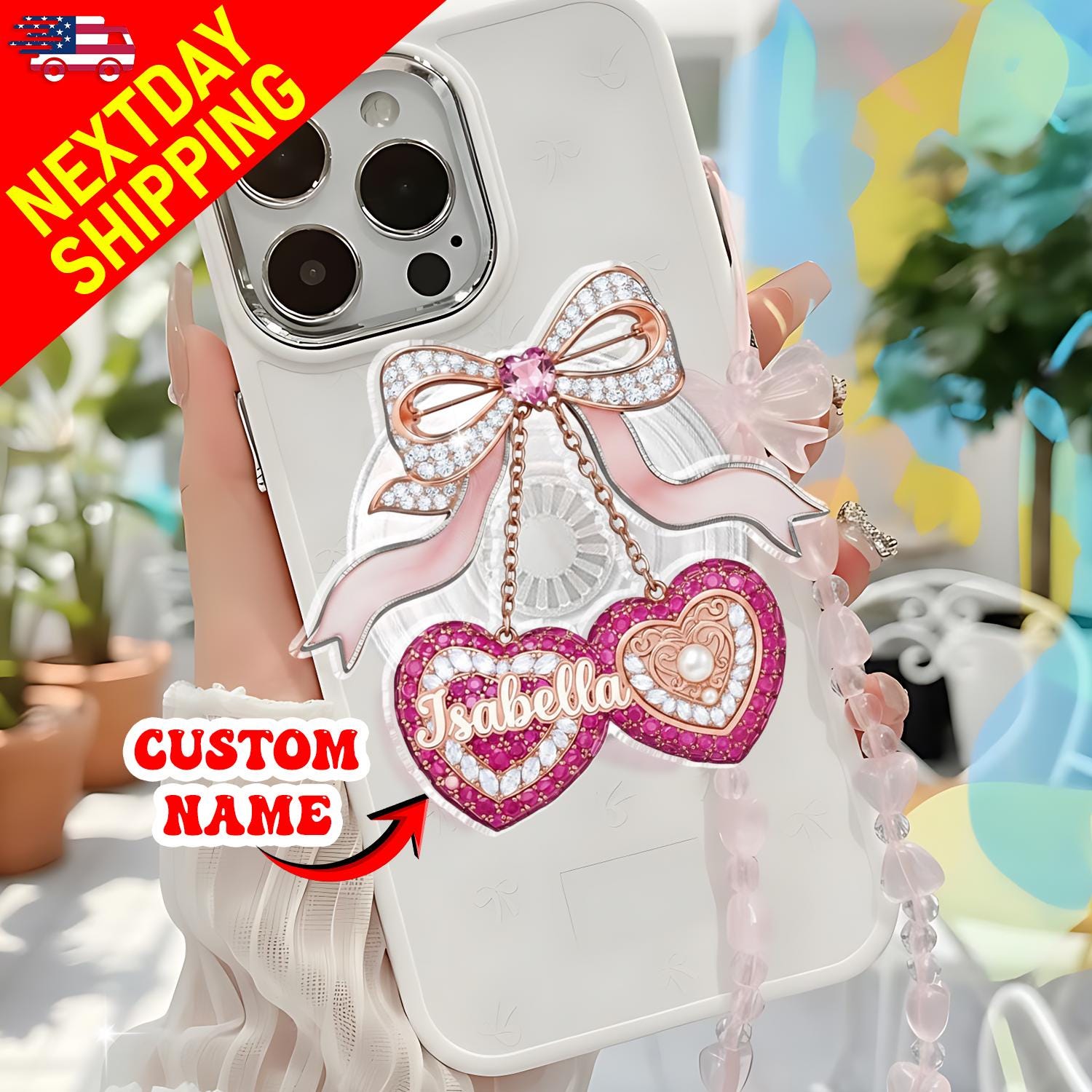 Custom Name Magnetic Phone Grip, Personalized Heart Bow Phone Stand, Luxury Pink Phone Holder, Cute Girly Phone Grip Gift For Girl Friends