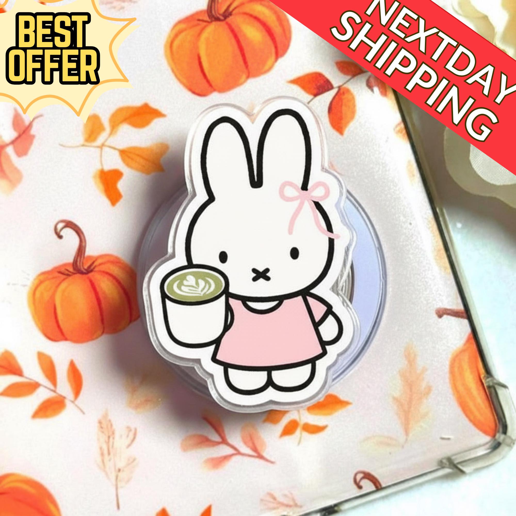 Cute Bunny "Miffy" Magsafe Phone Grip – Kawaii Pink Rabbit with Coffee Phone Stand, Cute Decor Item for Phone, Aesthetic Gift for Her
