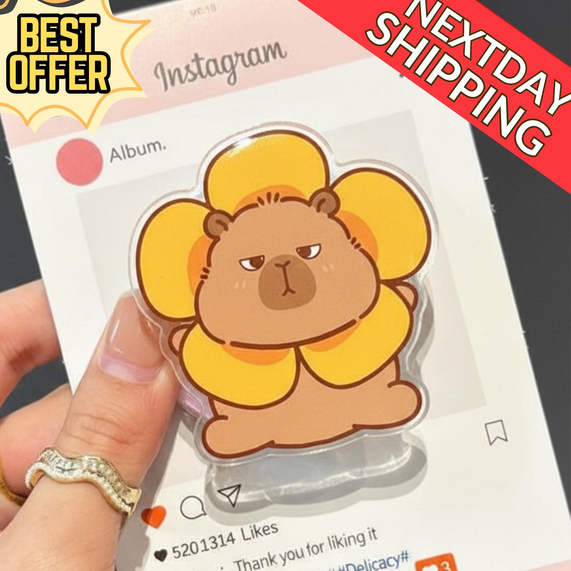 Cute Capybara with Flower MagSafe Phone Grip – Kawaii Capybara with Flower Collar, Fall Animal Phone Grip, Adorable Gift for Capybara Lovers