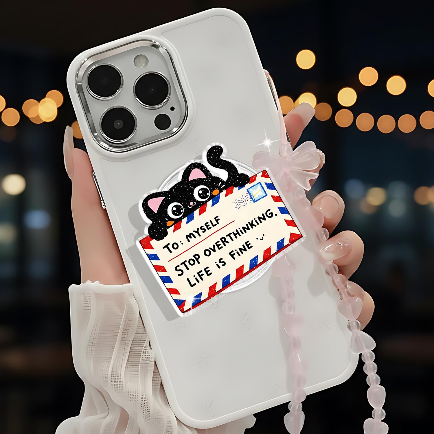 Cute Cat Magnetic Phone Grip – Stop Overthinking Quote Pop Grip, Mental Health Reminder, Kawaii Black Cat Phone Holder For Yourself