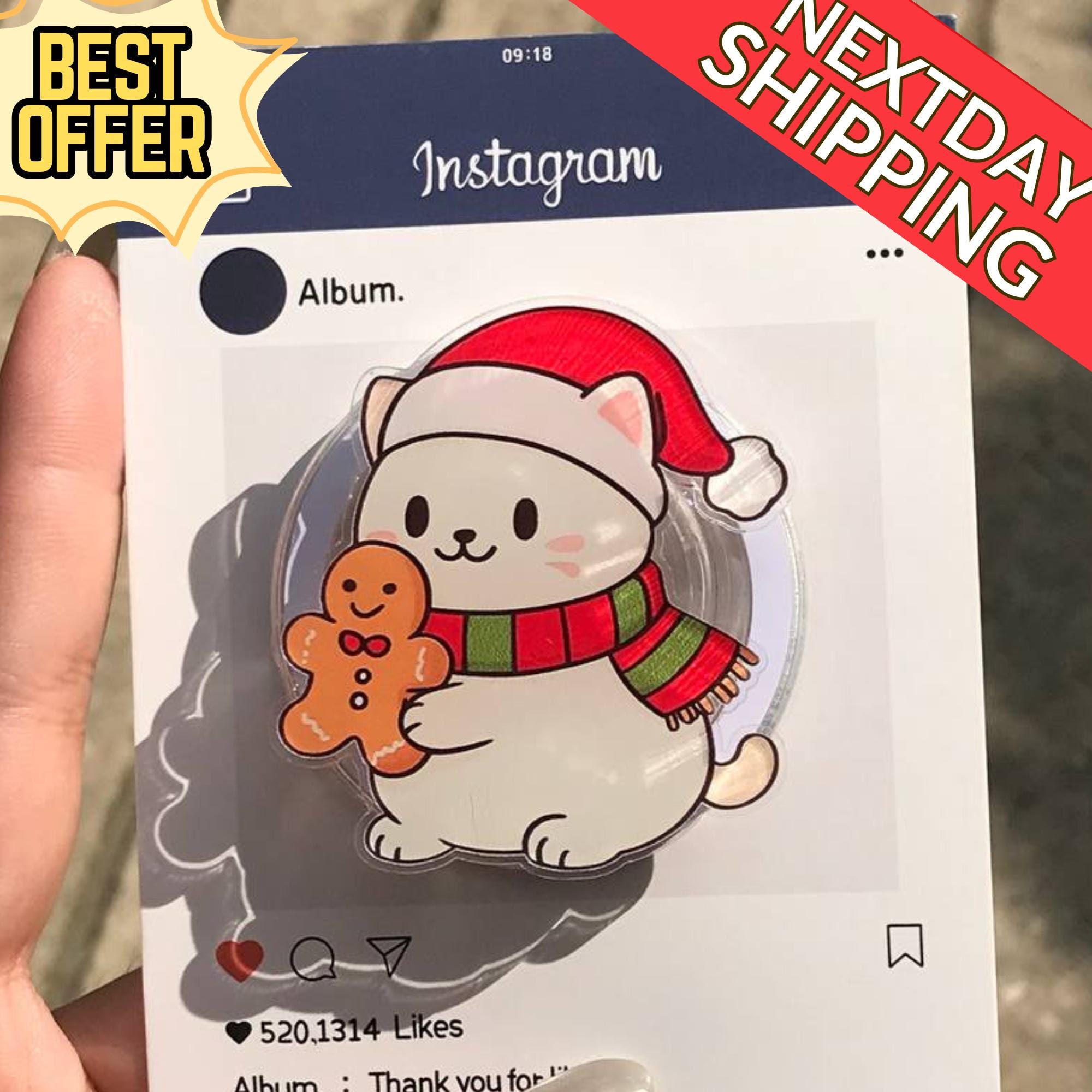 Cute Christmas Cat Magnetic Phone Grip: Festive Holiday Phone Stand with Gingerbread, Kawaii Xmas Phone Holder, Unique Gift for Friends