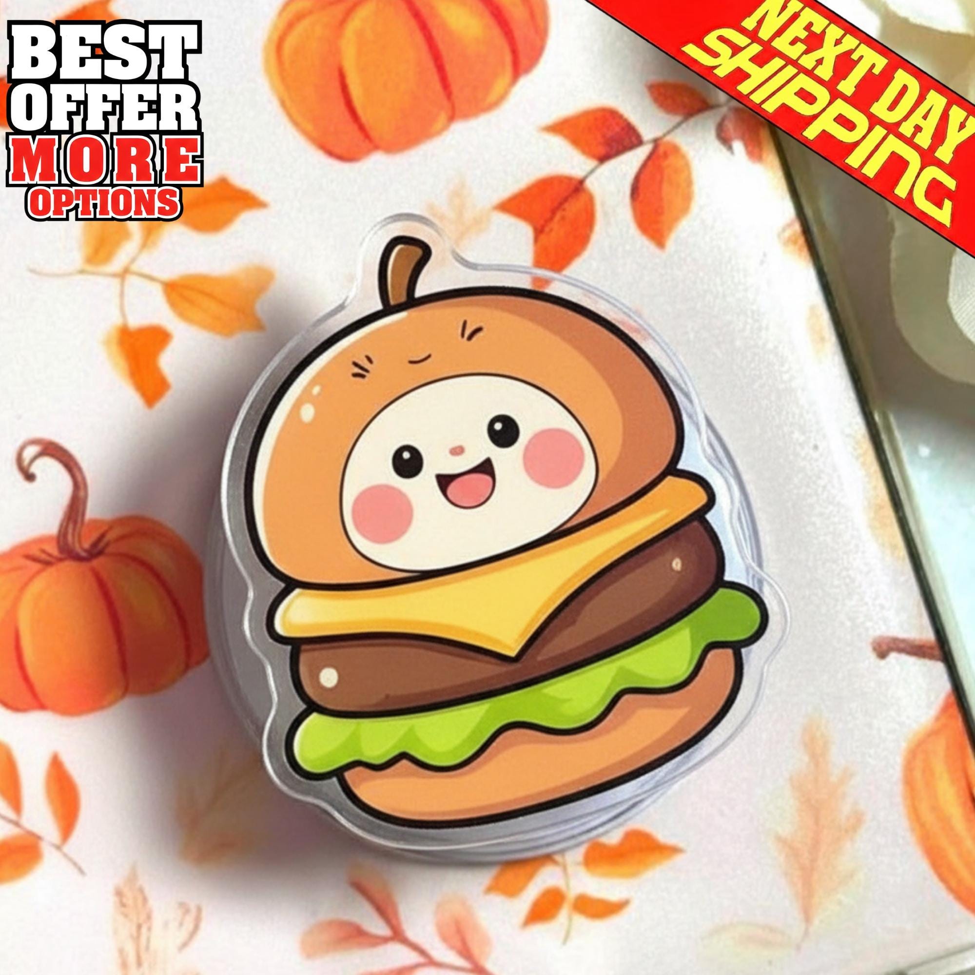Cute Hamburger MagSafe Phone Grip, Funny Food Character Magnetic Phone Stand, Gift for Foodies & Kawaii Lovers