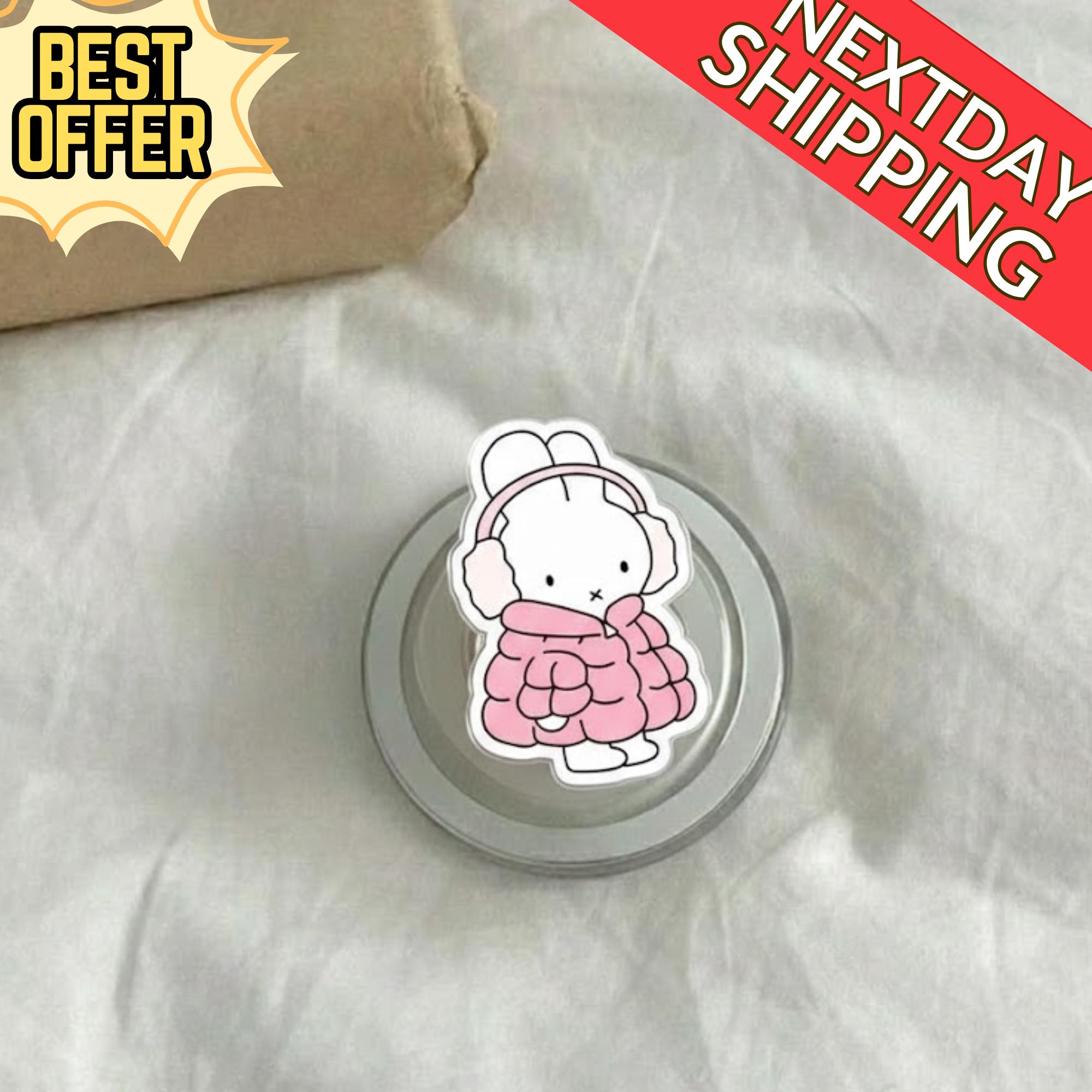 Cute Pink Puffer Bunny Magnetic Phone Grip: Kawaii Winter Rabbit Griptok, Cozy Aesthetic Phone Holder, Gift for Bunny Lovers