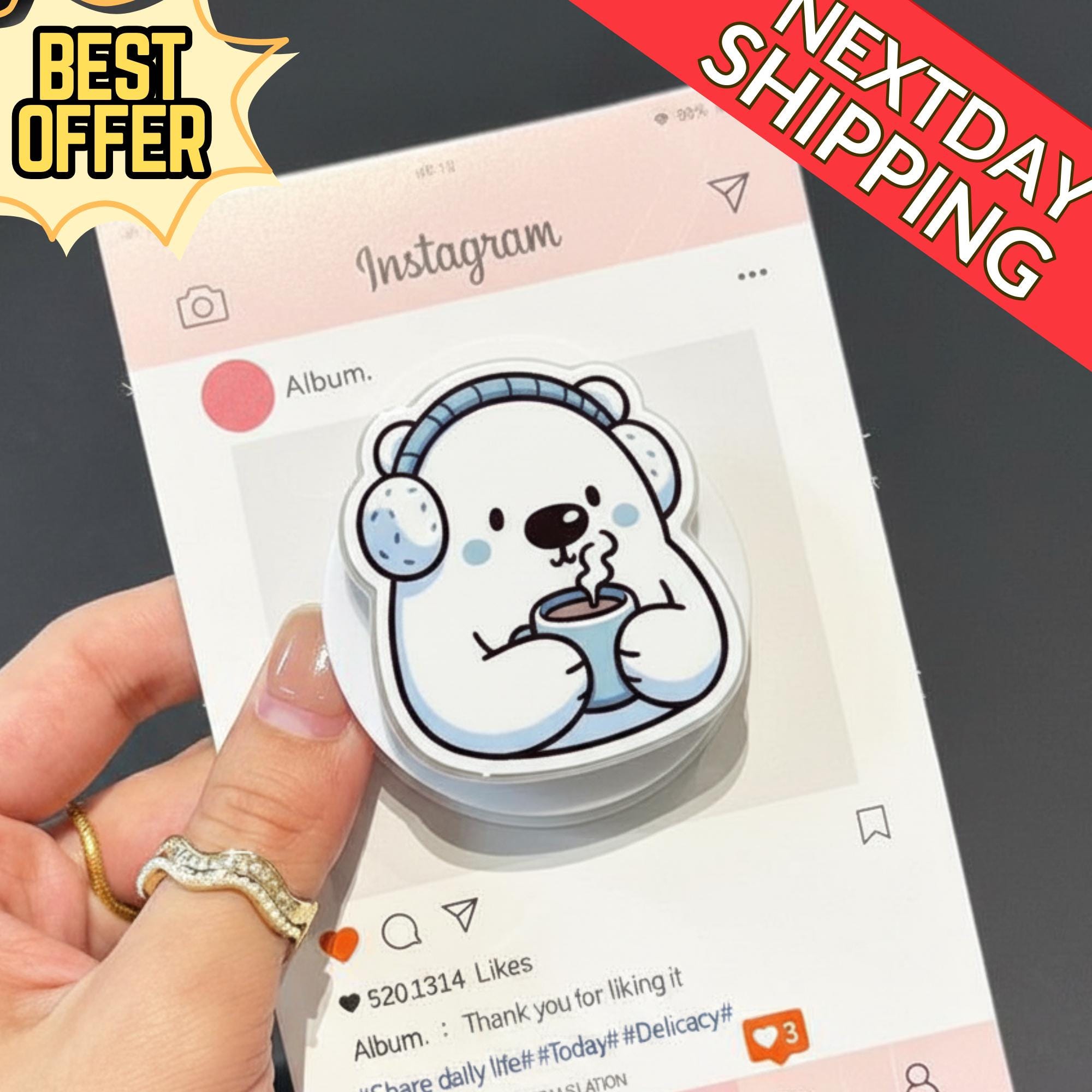 Cute Polar Bear Magnetic Phone Grip – Cozy Bear with Hot Drink Phone Holder, Kawaii Winter Phone Grip, Perfect Gift for Winter Lovers
