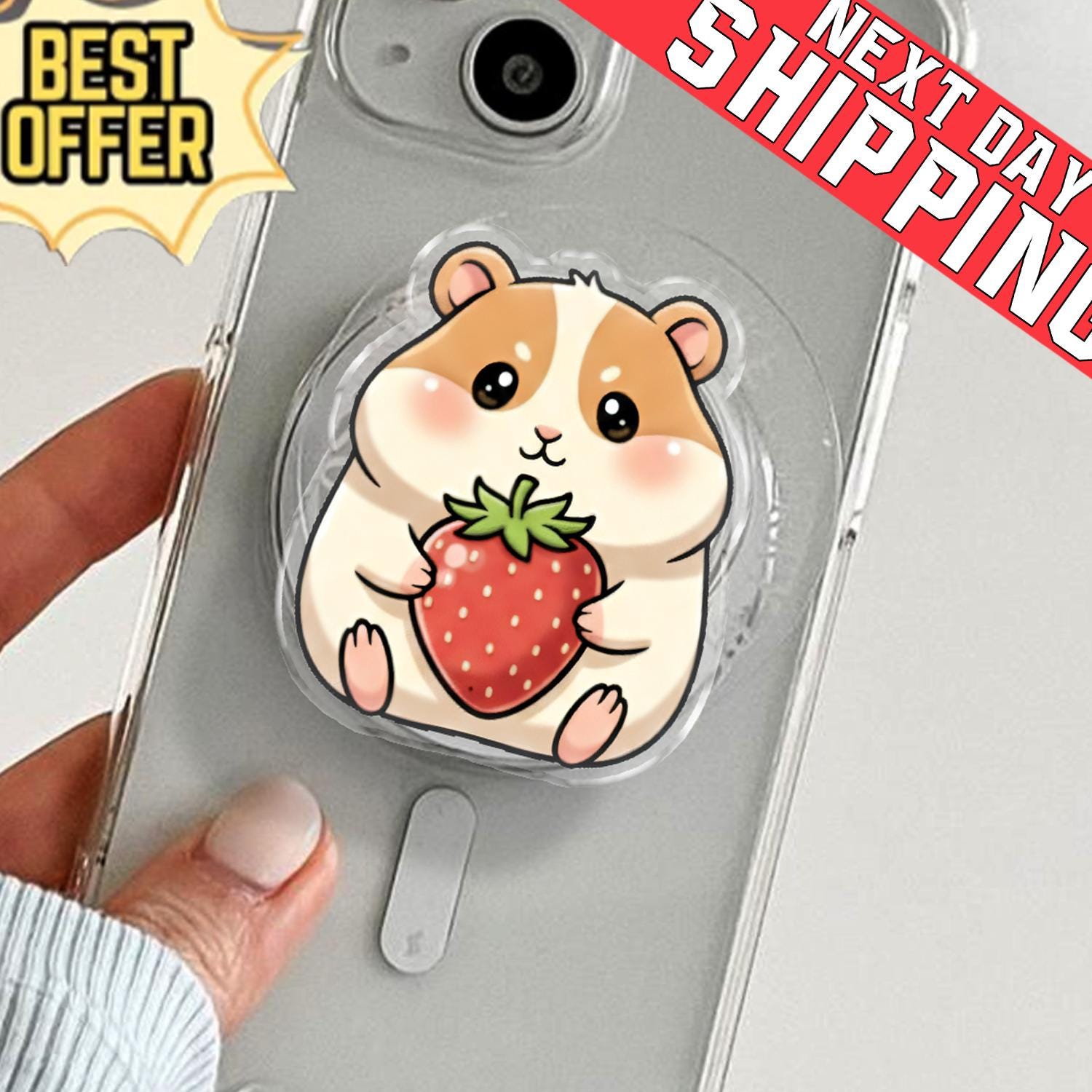 Cute Strawberry Hamster Phone Grip, Aesthetic Kawaii MagSafe Pop Socket, Sweet Hamster Snack Gift, Whimsical Animal Fruit Mobile Stand