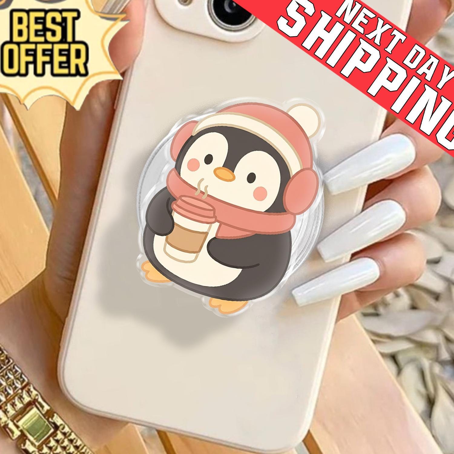 Cute Winter Penguin Phone Holder, Aesthetic Kawaii Animal Phone Grip, Sweet Coffee Lover Gift, Cozy Pastel Mobile Stand for Her, Kindle Grip