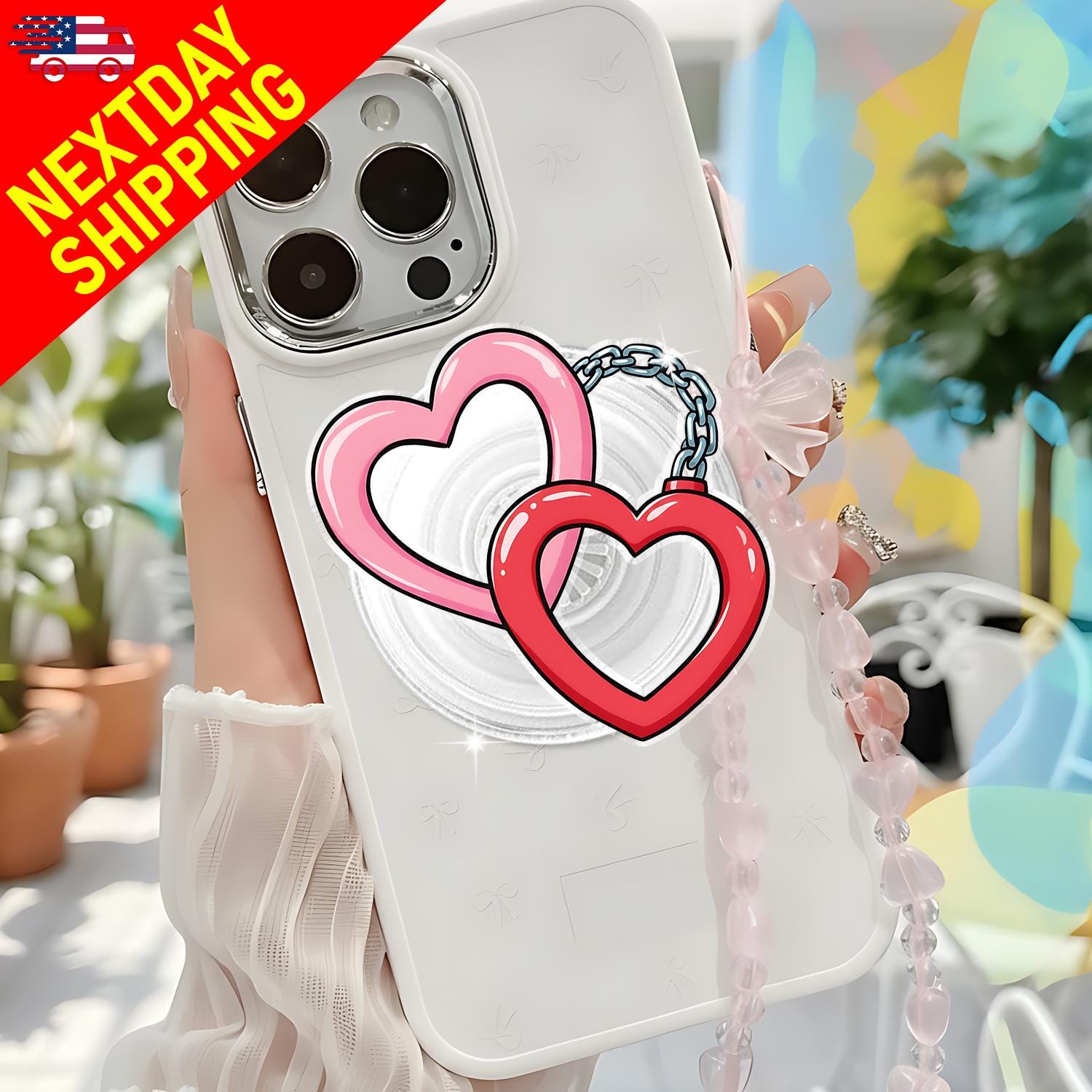 Double Heart MagSafe Phone Grip – Kawaii Heart-Shaped Phone Holder with Chain, Cute Phone Magnetic, Fun Valentine's Day Gift for Couples