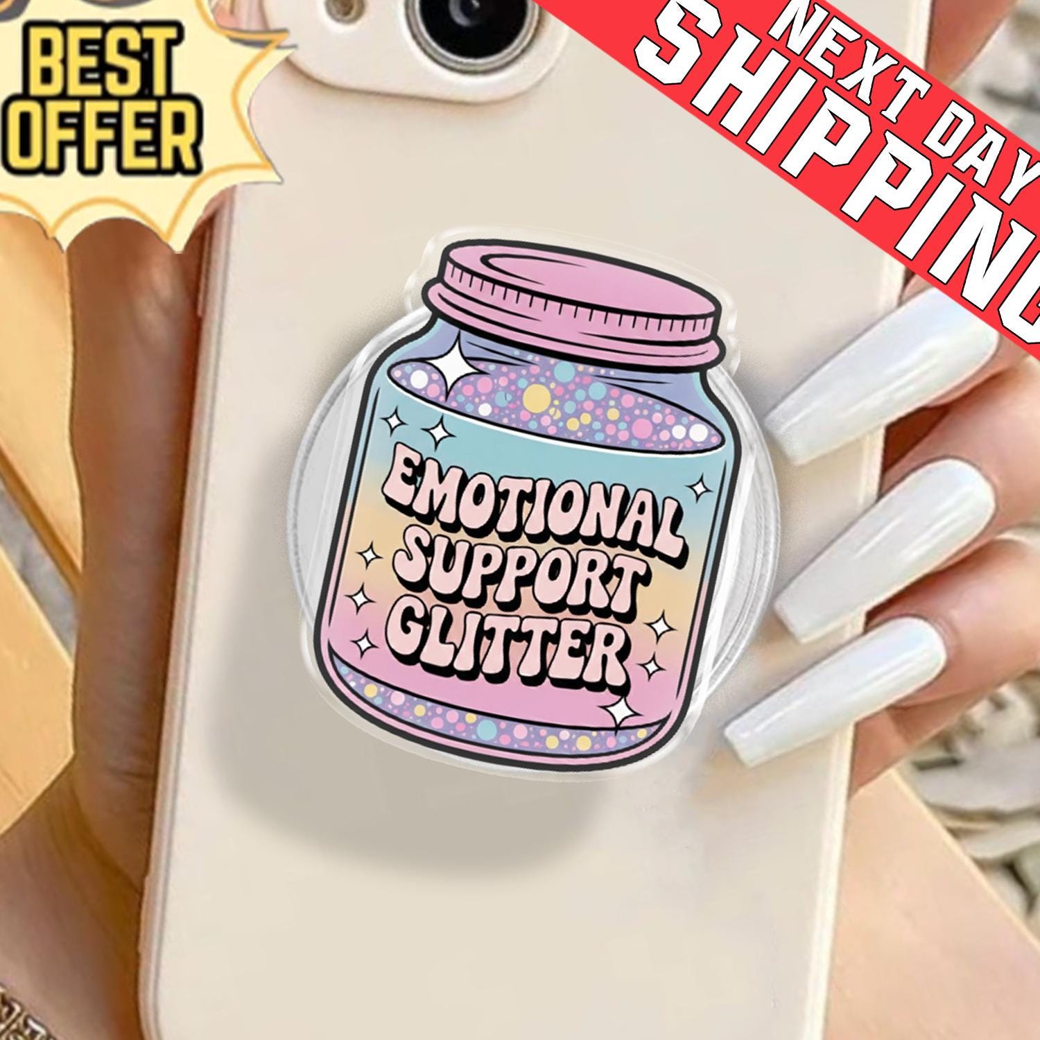 Emotional Support Glitter Phone Holder, Aesthetic Pastel Rainbow Jar Grip, Cute Sparkly Mobile Stand for Her, Girly Y2K Gift, Kindle Socket
