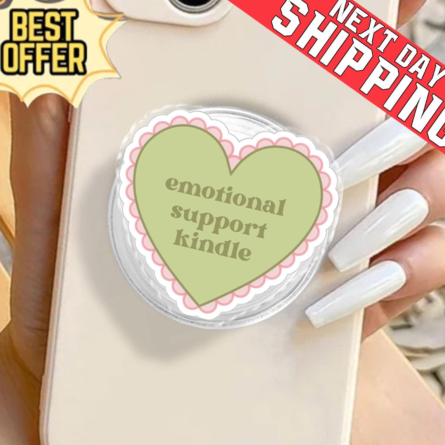 Emotional Support Kindle Phone Holder, Aesthetic Sage Green Heart Grip, Cute Bookworm Gift for Her, Cottagecore Reader Stand, Kindle Socket