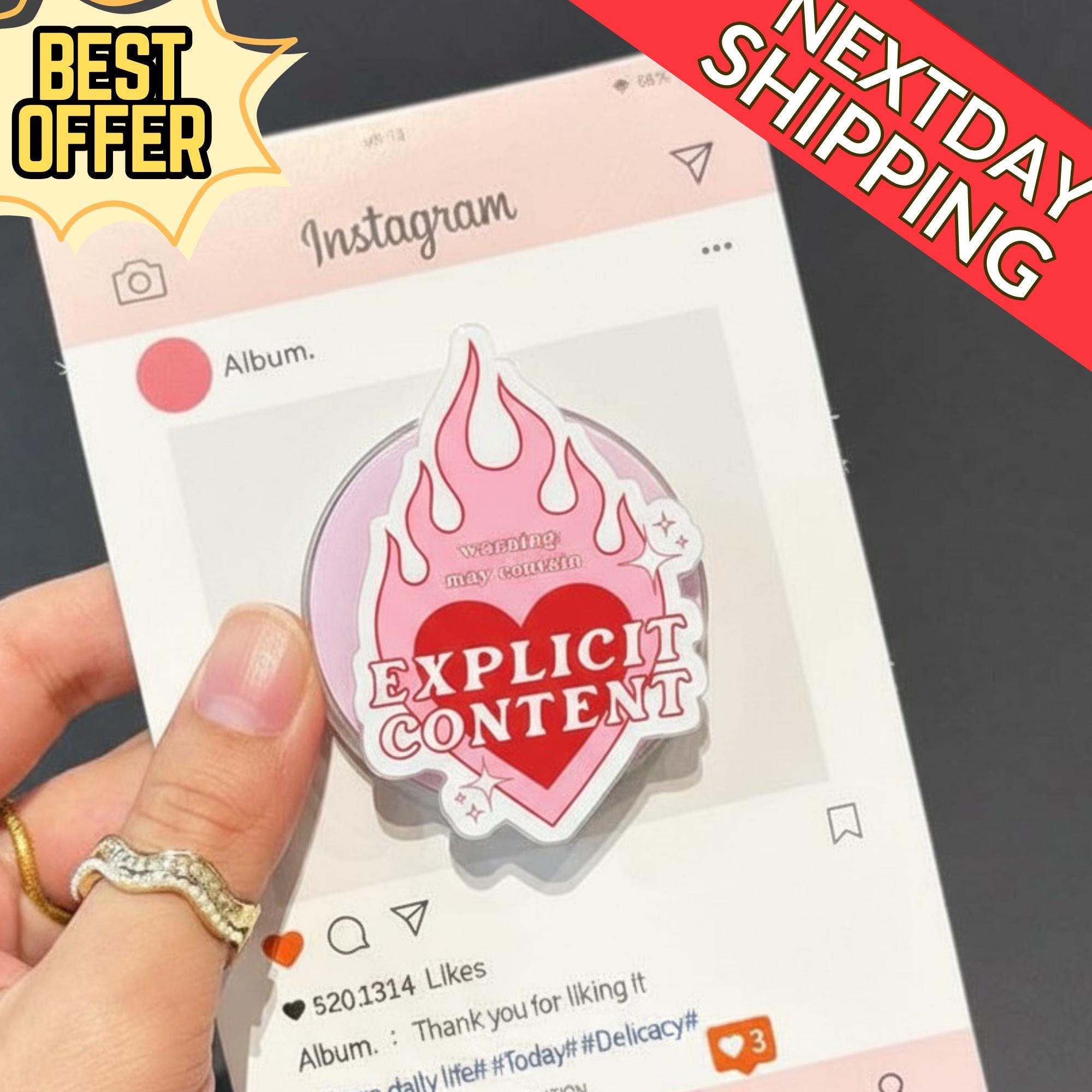 Explicit Content Magnetic Phone Grip: Warning Heart & Flame Stand, Phone Accessory, Fun Gift for Bold Individual, Magsafe Phone Holder