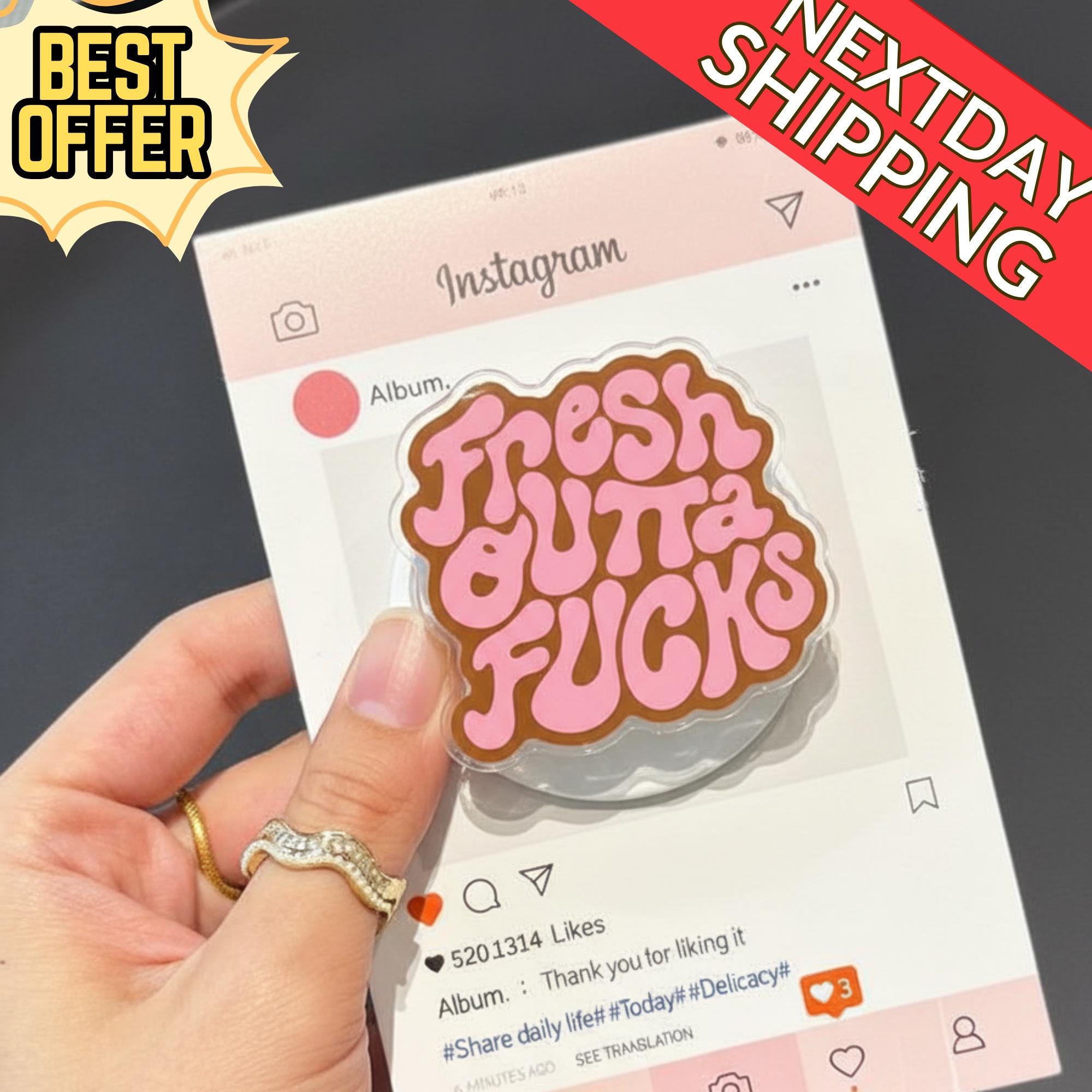 Fresh Outta Fucks Magsafe Phone Grip – Bold Pink Text Magnetic Phone Stand, Funny Kawaii Phone Accessory, Edgy Gift for Her