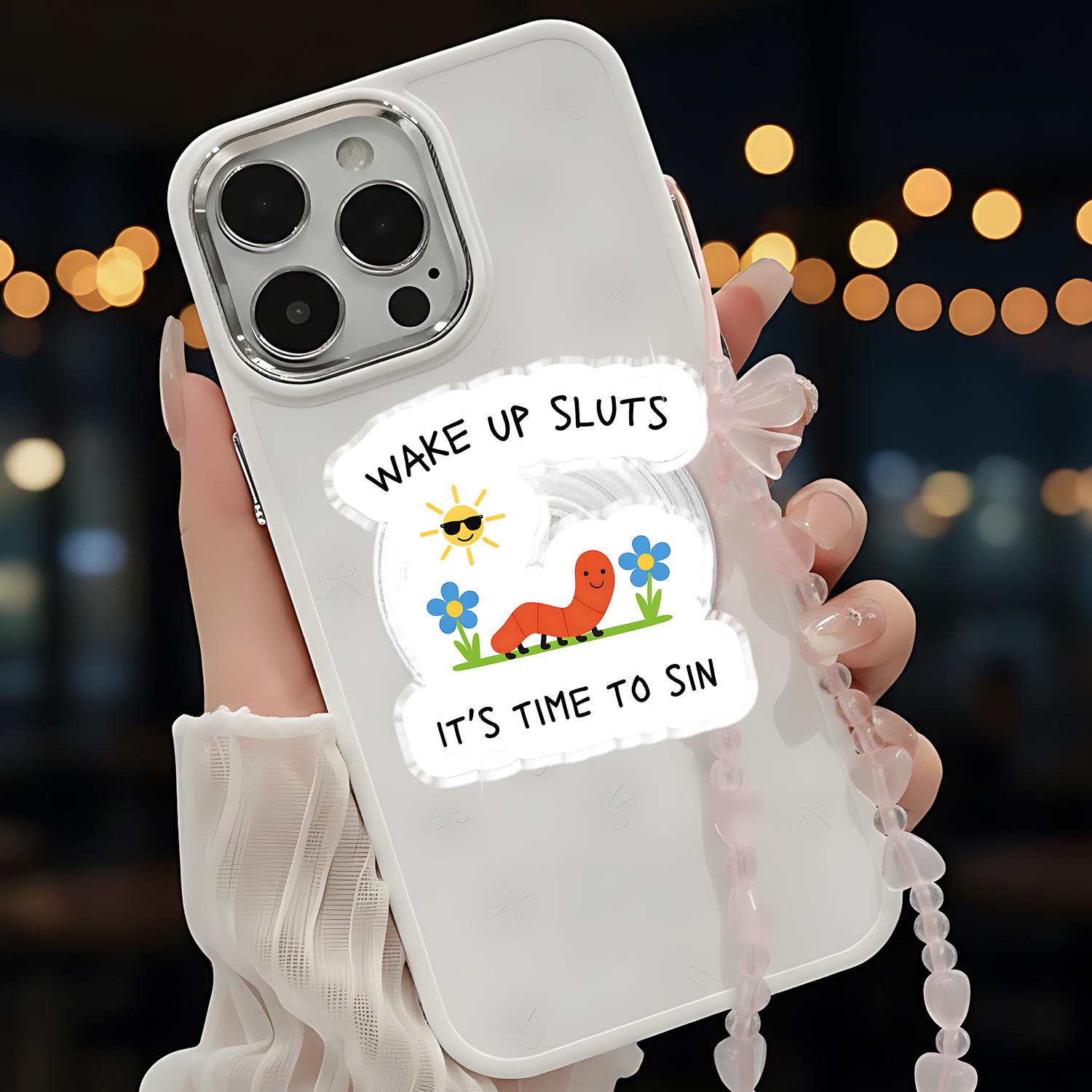 Funny Wake Up Sluts Magnetic PhoneGrip – Cute Worm Cartoon Quote Phone Holder, Sarcastic Humor Clear Magnetic Grip - Gift for Friends